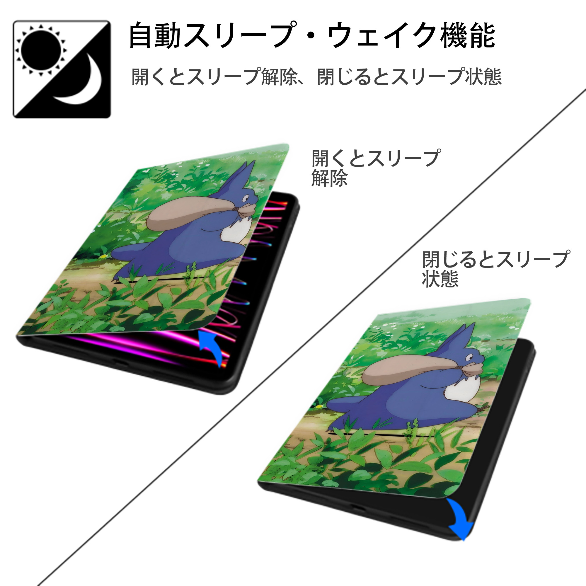 となりのトトロ 草壁メイ 草壁サツキ My Neighbor Totoro Satsuki Kusakabe Mei Kusakabe IPadケース ペンホルダー付き ブックスタイルデザイン