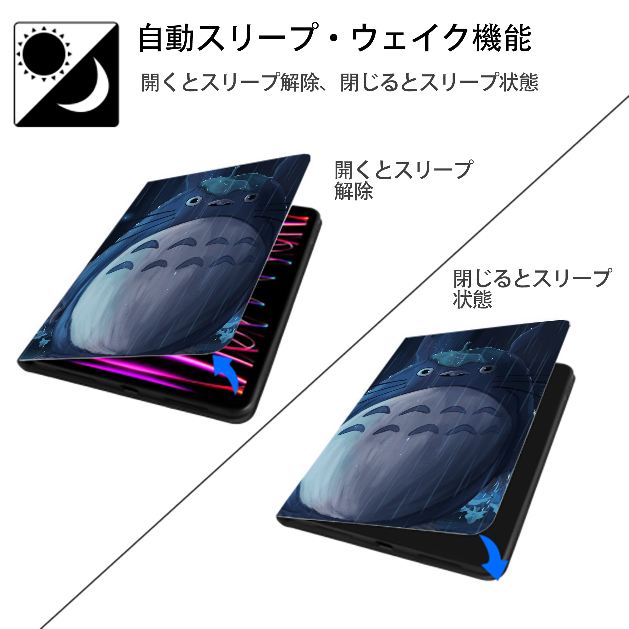 となりのトトロ 草壁メイ 草壁サツキ My Neighbor Totoro Satsuki Kusakabe Mei Kusakabe IPadケース ペンホルダー付き ブックスタイルデザイン