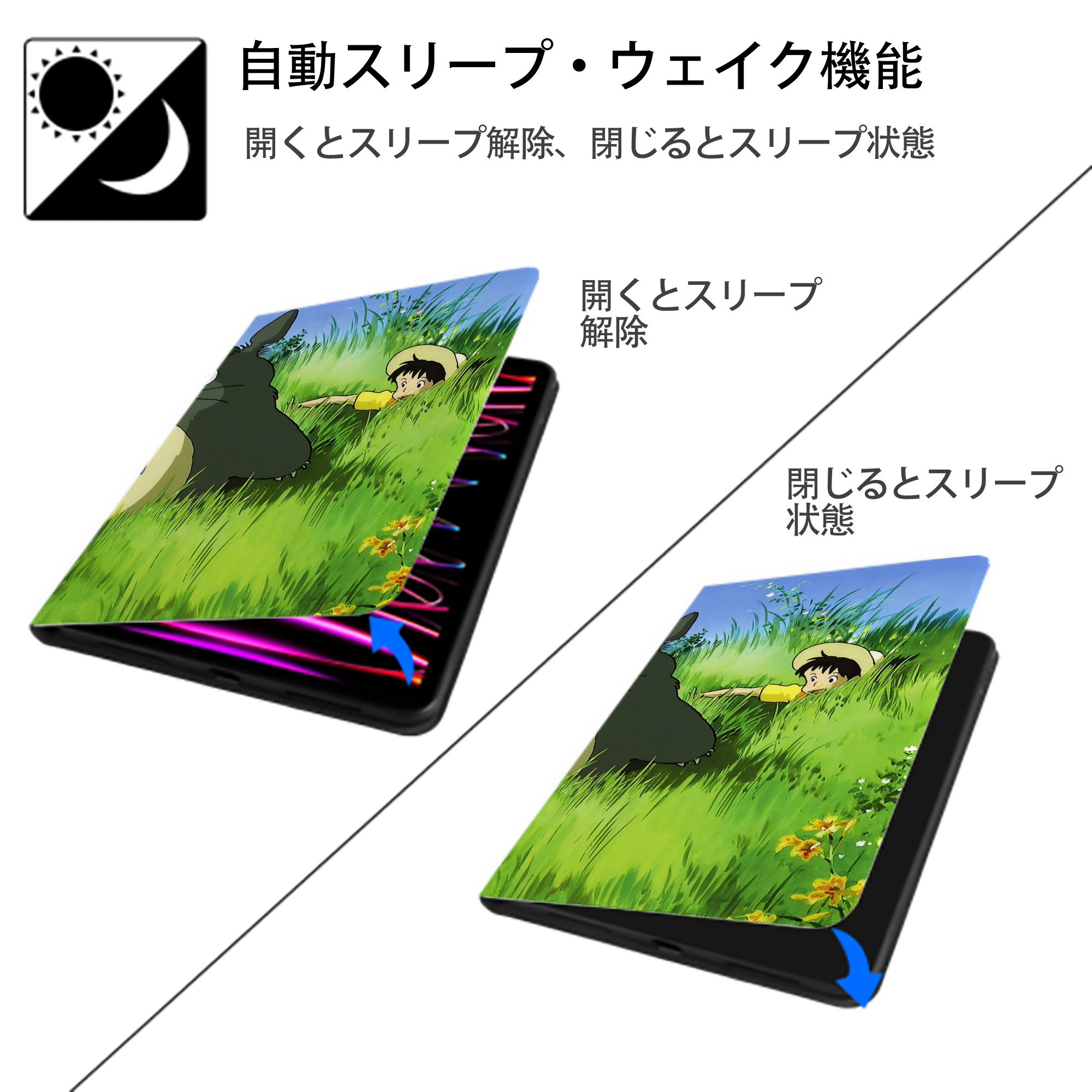 となりのトトロ 草壁メイ 草壁サツキ My Neighbor Totoro Satsuki Kusakabe Mei Kusakabe IPadケース ペンホルダー付き ブックスタイルデザイン