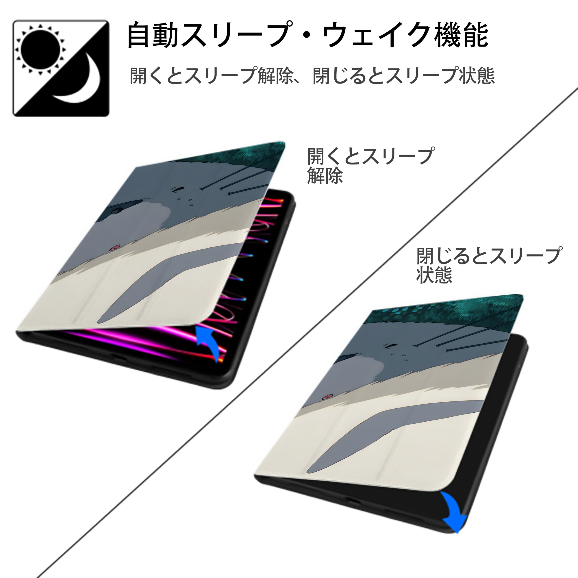 となりのトトロ 草壁メイ 草壁サツキ My Neighbor Totoro Satsuki Kusakabe Mei Kusakabe IPadケース ペンホルダー付き ブックスタイルデザイン