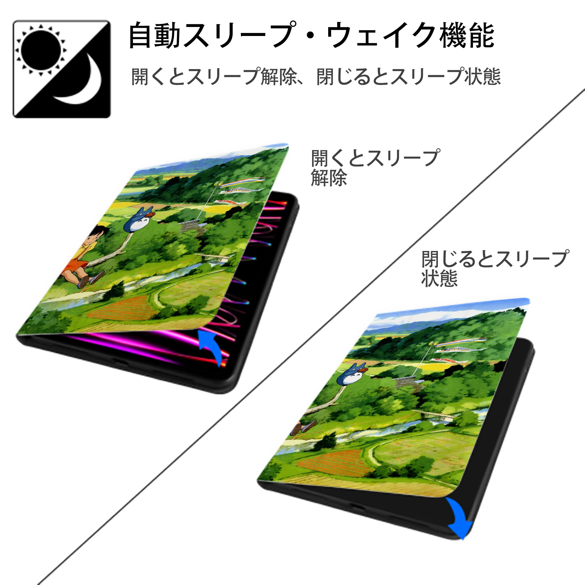 となりのトトロ 草壁メイ 草壁サツキ My Neighbor Totoro Satsuki Kusakabe Mei Kusakabe IPadケース ペンホルダー付き ブックスタイルデザイン
