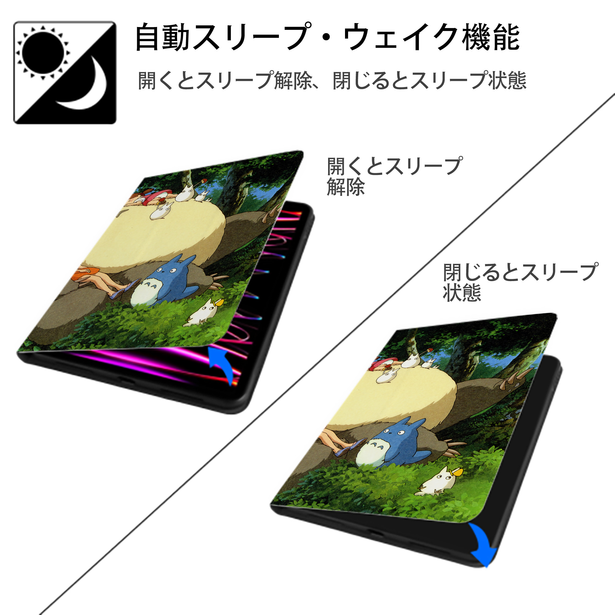 となりのトトロ 草壁メイ 草壁サツキ My Neighbor Totoro Satsuki Kusakabe Mei Kusakabe IPadケース ペンホルダー付き ブックスタイルデザイン
