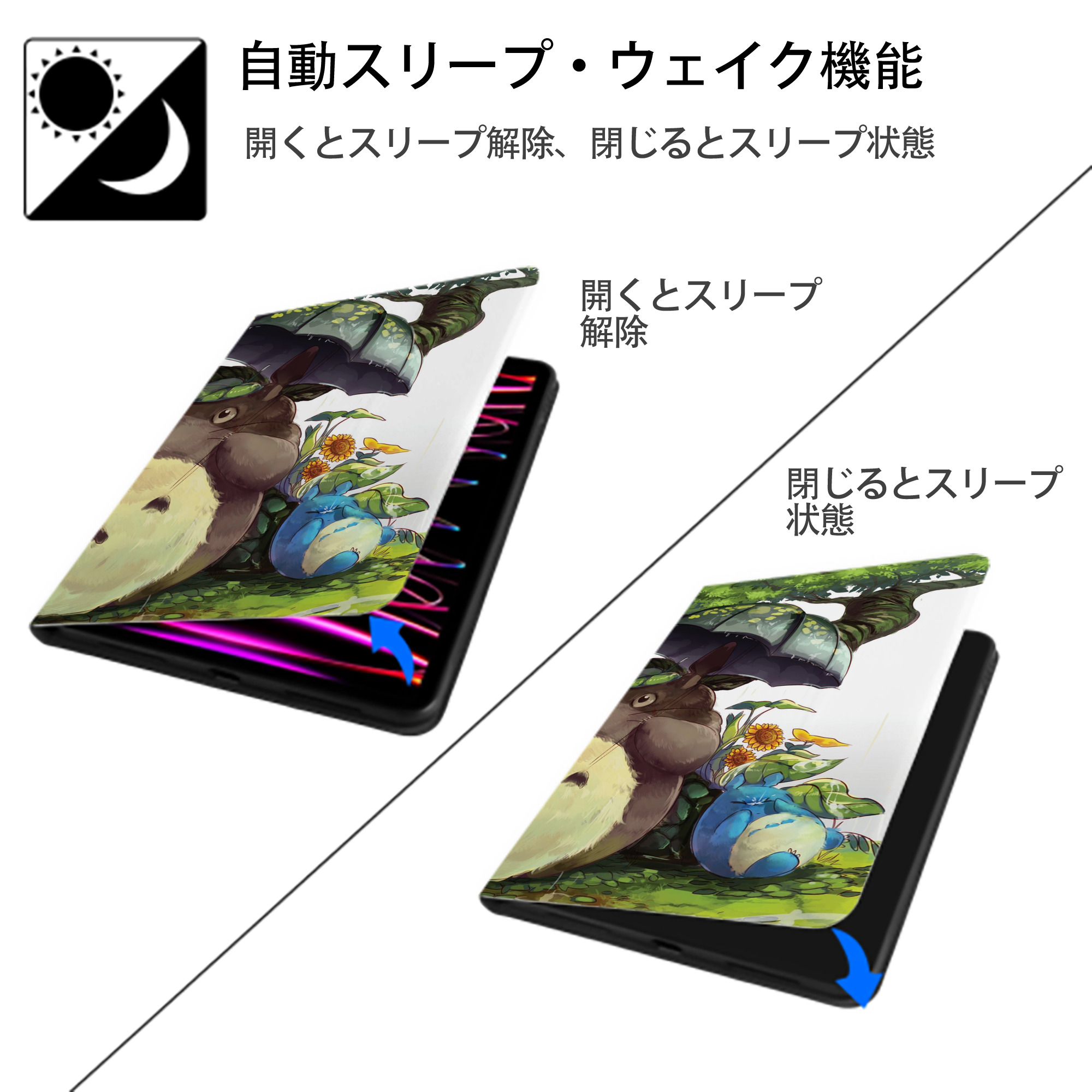 となりのトトロ 草壁メイ 草壁サツキ My Neighbor Totoro Satsuki Kusakabe Mei Kusakabe IPadケース ペンホルダー付き ブックスタイルデザイン