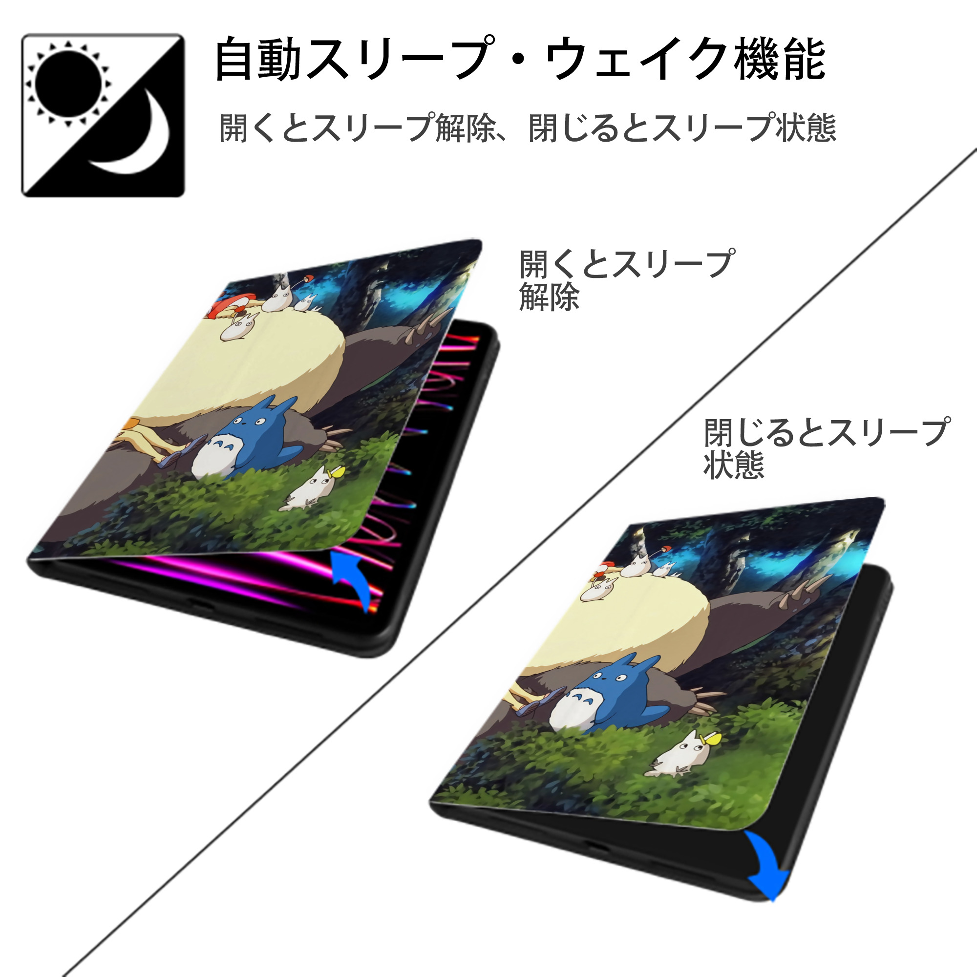 となりのトトロ 草壁メイ 草壁サツキ My Neighbor Totoro Satsuki Kusakabe Mei Kusakabe IPadケース ペンホルダー付き ブックスタイルデザイン