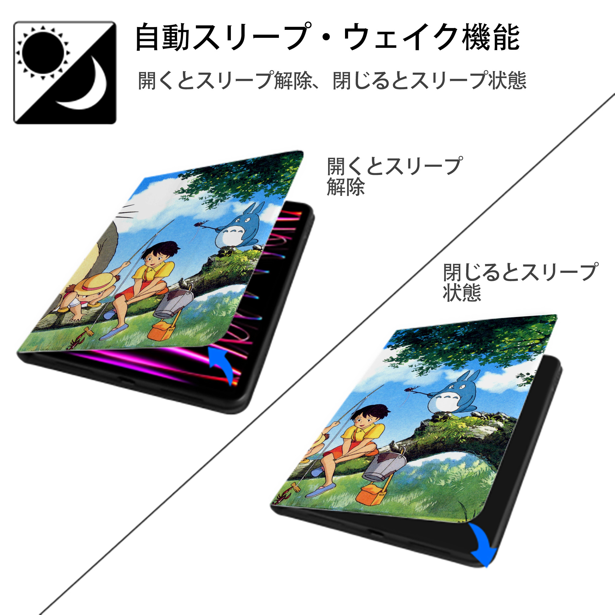 となりのトトロ 草壁メイ 草壁サツキ My Neighbor Totoro Satsuki Kusakabe Mei Kusakabe IPadケース ペンホルダー付き ブックスタイルデザイン
