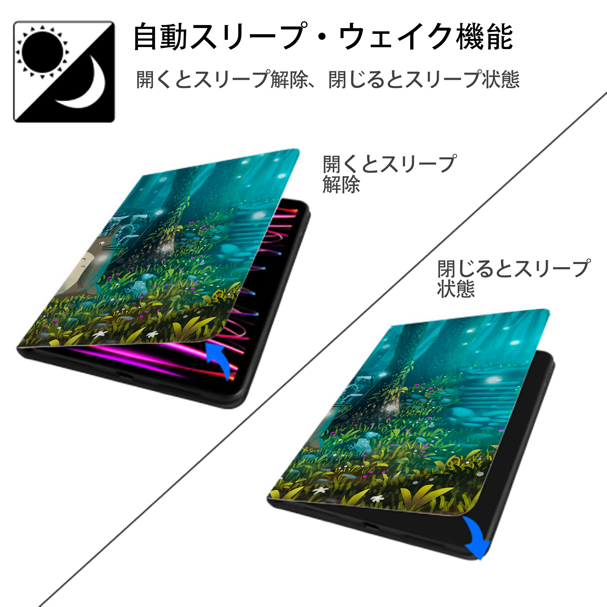 となりのトトロ 草壁メイ 草壁サツキ My Neighbor Totoro Satsuki Kusakabe Mei Kusakabe IPadケース ペンホルダー付き ブックスタイルデザイン