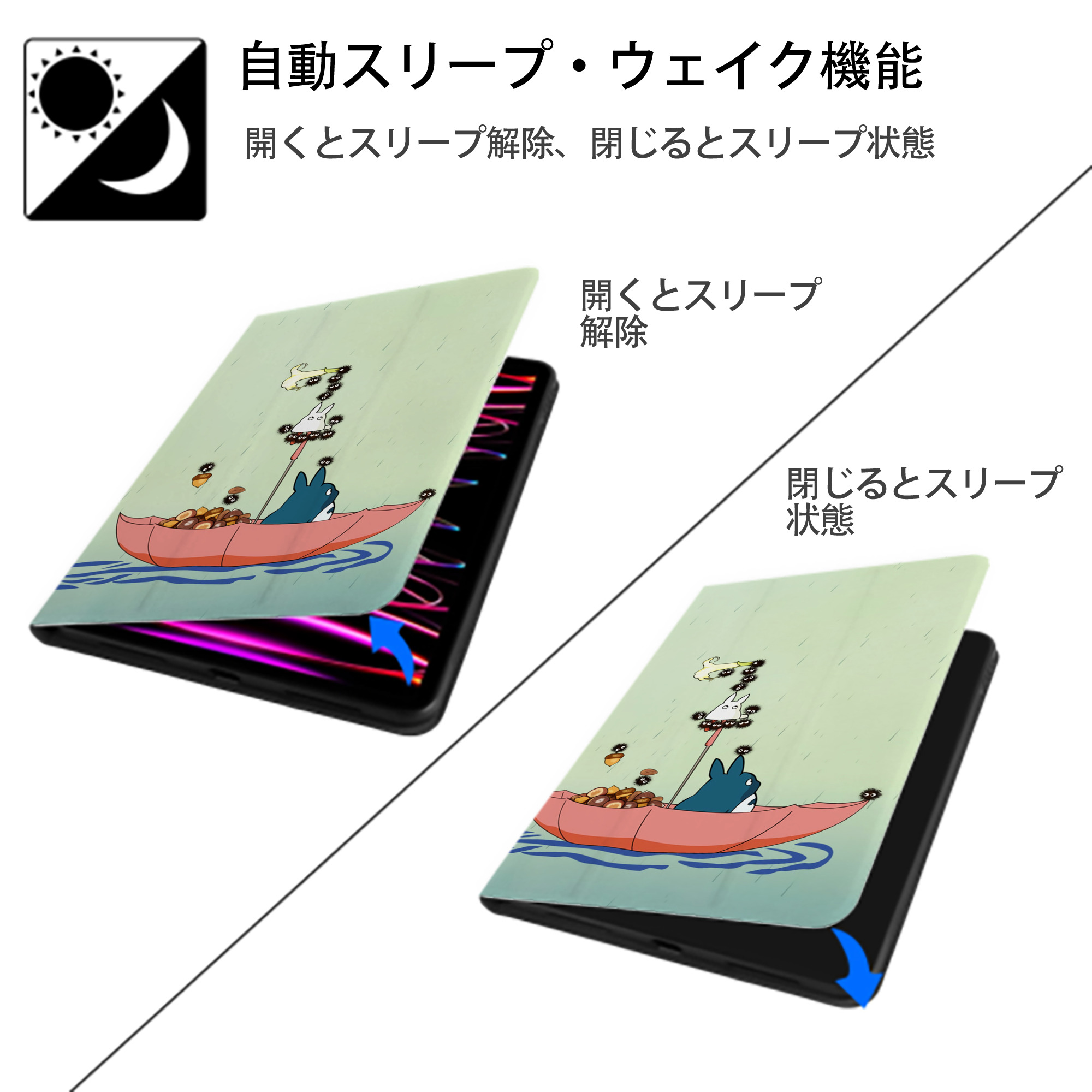 となりのトトロ 草壁メイ 草壁サツキ My Neighbor Totoro Satsuki Kusakabe Mei Kusakabe IPadケース ペンホルダー付き ブックスタイルデザイン