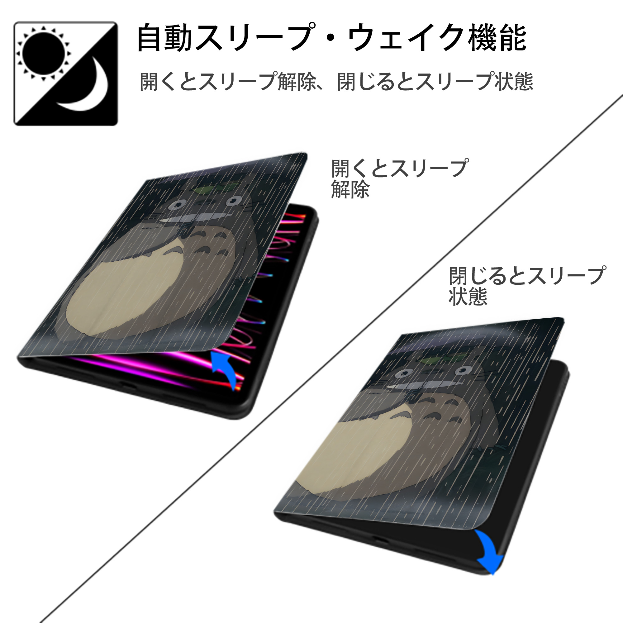 となりのトトロ 草壁メイ 草壁サツキ My Neighbor Totoro Satsuki Kusakabe Mei Kusakabe IPadケース ペンホルダー付き ブックスタイルデザイン
