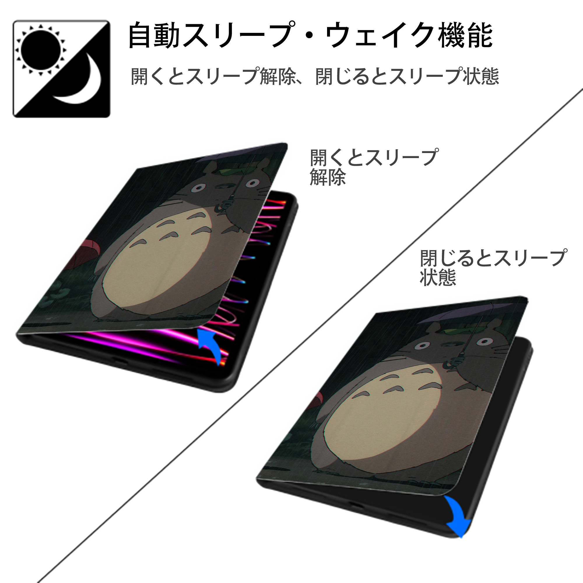 となりのトトロ 草壁メイ 草壁サツキ My Neighbor Totoro Satsuki Kusakabe Mei Kusakabe IPadケース ペンホルダー付き ブックスタイルデザイン