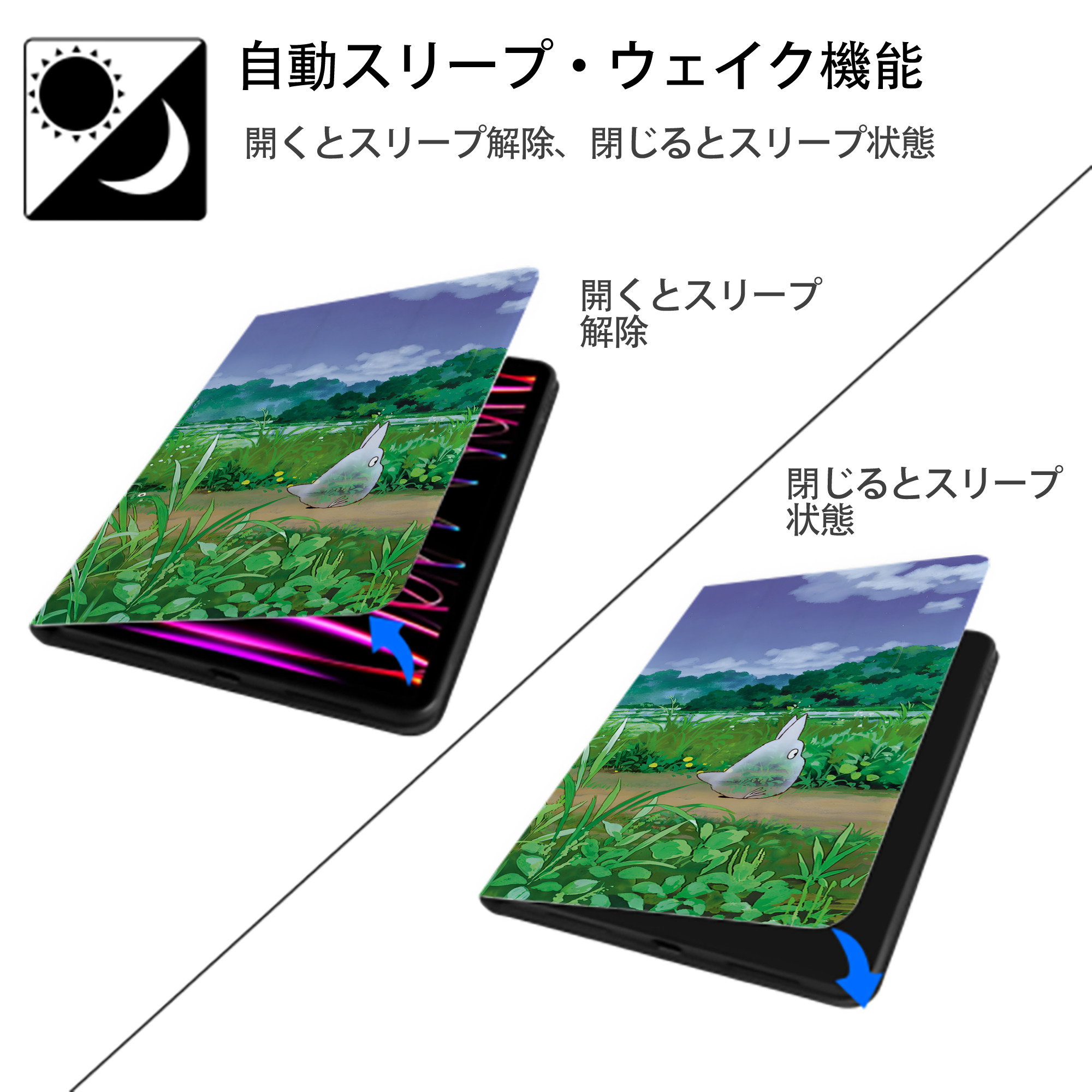 となりのトトロ 草壁メイ 草壁サツキ My Neighbor Totoro Satsuki Kusakabe Mei Kusakabe IPadケース ペンホルダー付き ブックスタイルデザイン
