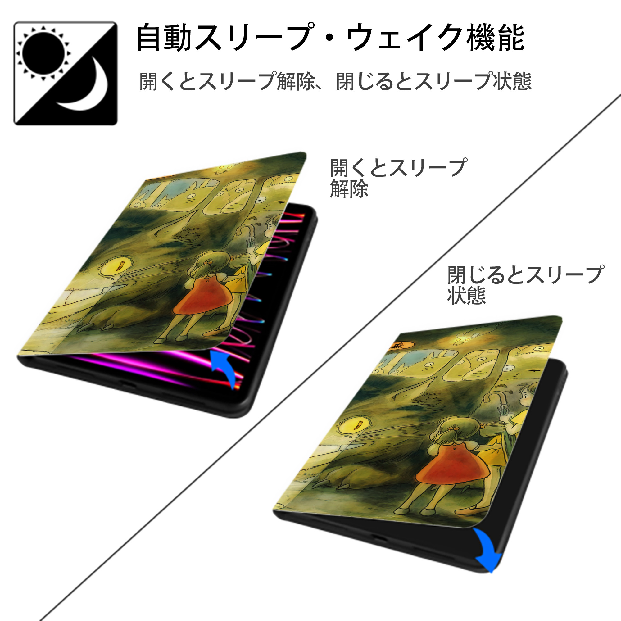 となりのトトロ 草壁メイ 草壁サツキ My Neighbor Totoro Satsuki Kusakabe Mei Kusakabe IPadケース ペンホルダー付き ブックスタイルデザイン
