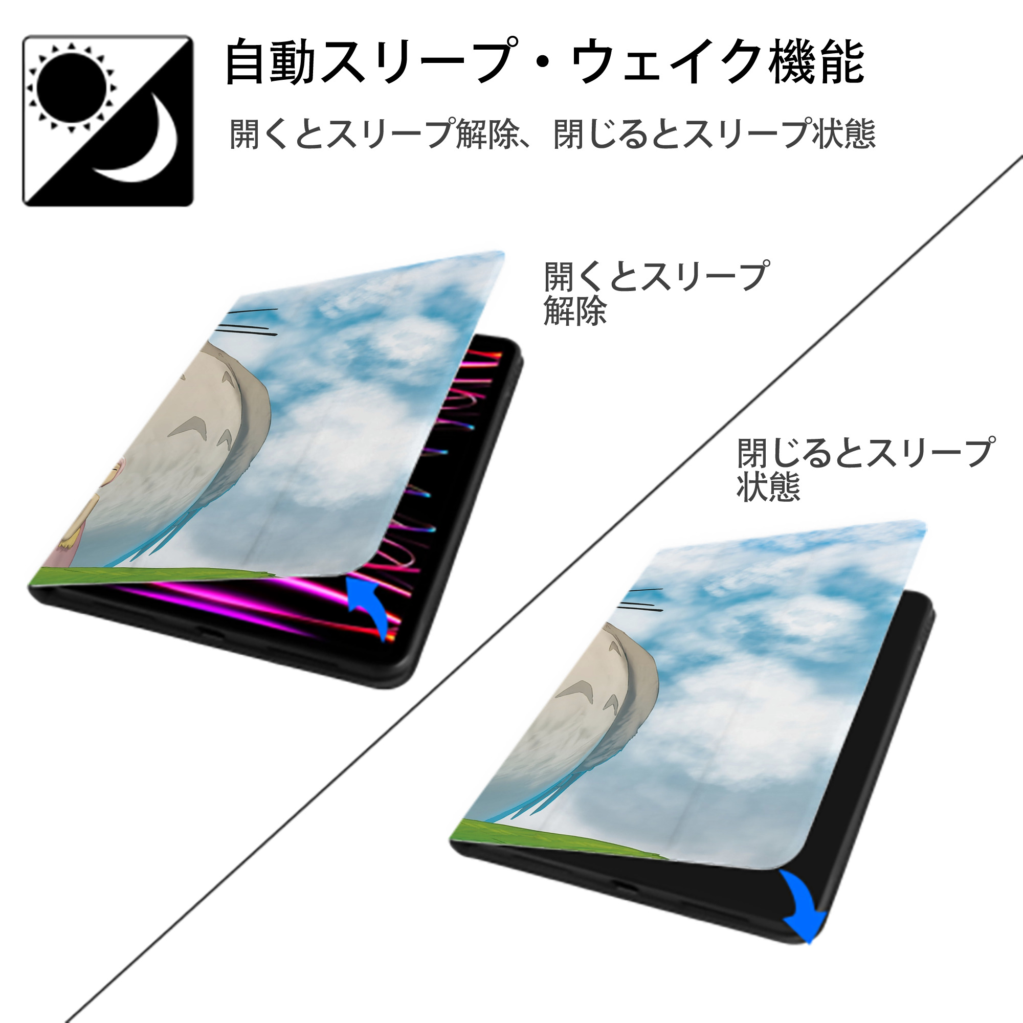 となりのトトロ 草壁メイ 草壁サツキ My Neighbor Totoro Satsuki Kusakabe Mei Kusakabe IPadケース ペンホルダー付き ブックスタイルデザイン