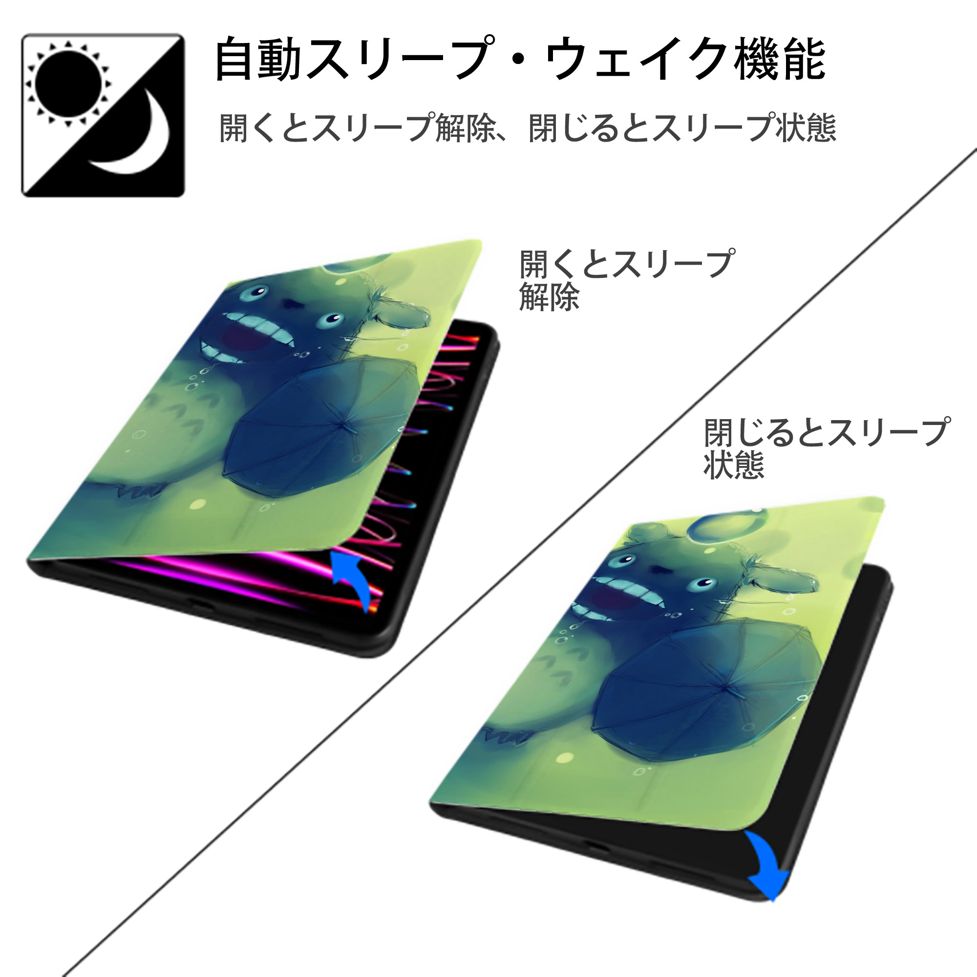 となりのトトロ 草壁メイ 草壁サツキ My Neighbor Totoro Satsuki Kusakabe Mei Kusakabe IPadケース ペンホルダー付き ブックスタイルデザイン