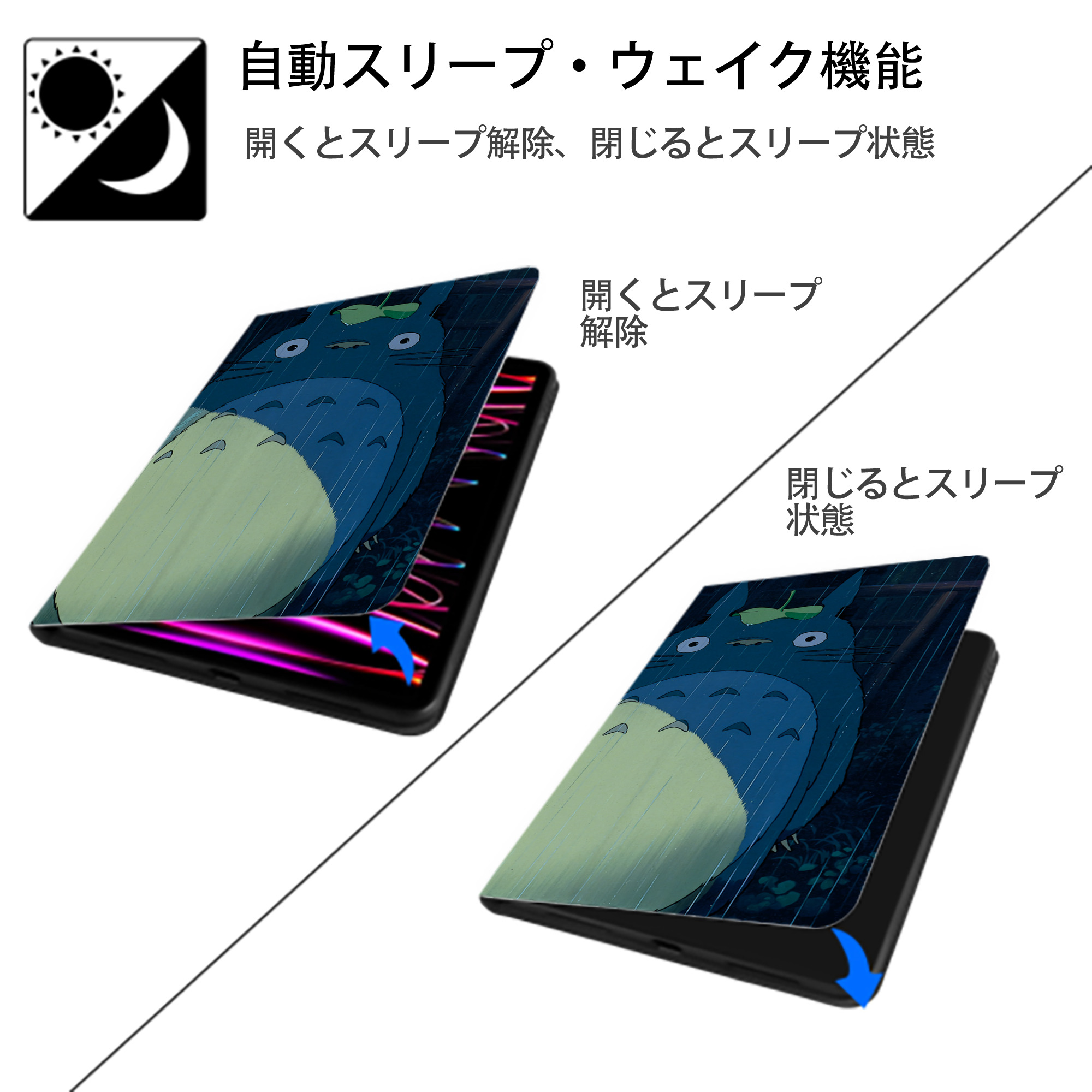 となりのトトロ 草壁メイ 草壁サツキ My Neighbor Totoro Satsuki Kusakabe Mei Kusakabe IPadケース ペンホルダー付き ブックスタイルデザイン