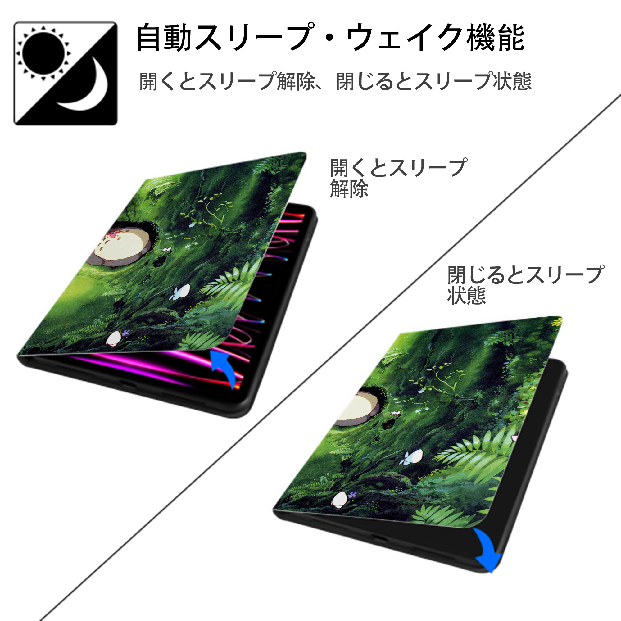 となりのトトロ 草壁メイ 草壁サツキ My Neighbor Totoro Satsuki Kusakabe Mei Kusakabe IPadケース ペンホルダー付き ブックスタイルデザイン