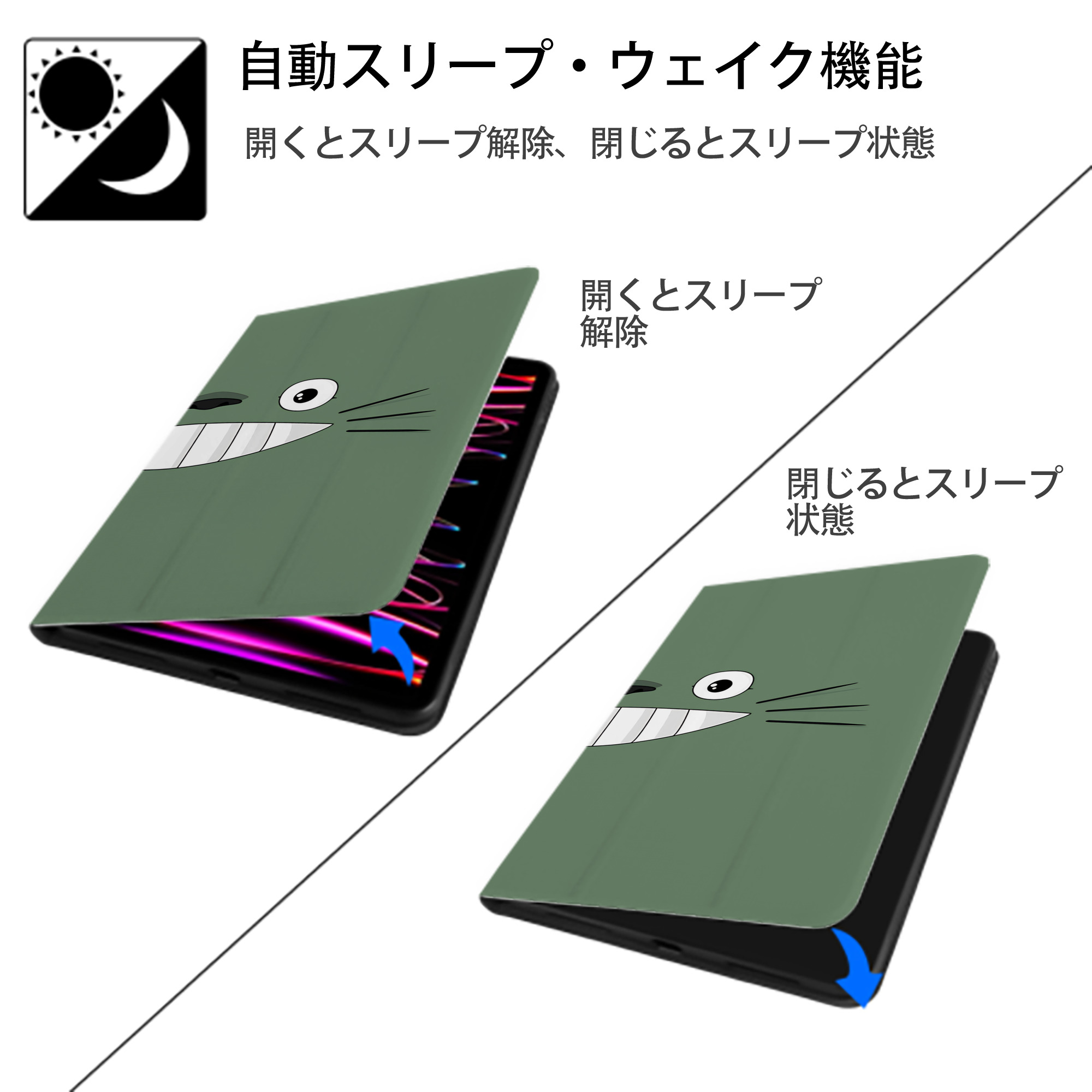 となりのトトロ 草壁メイ 草壁サツキ My Neighbor Totoro Satsuki Kusakabe Mei Kusakabe IPadケース ペンホルダー付き ブックスタイルデザイン