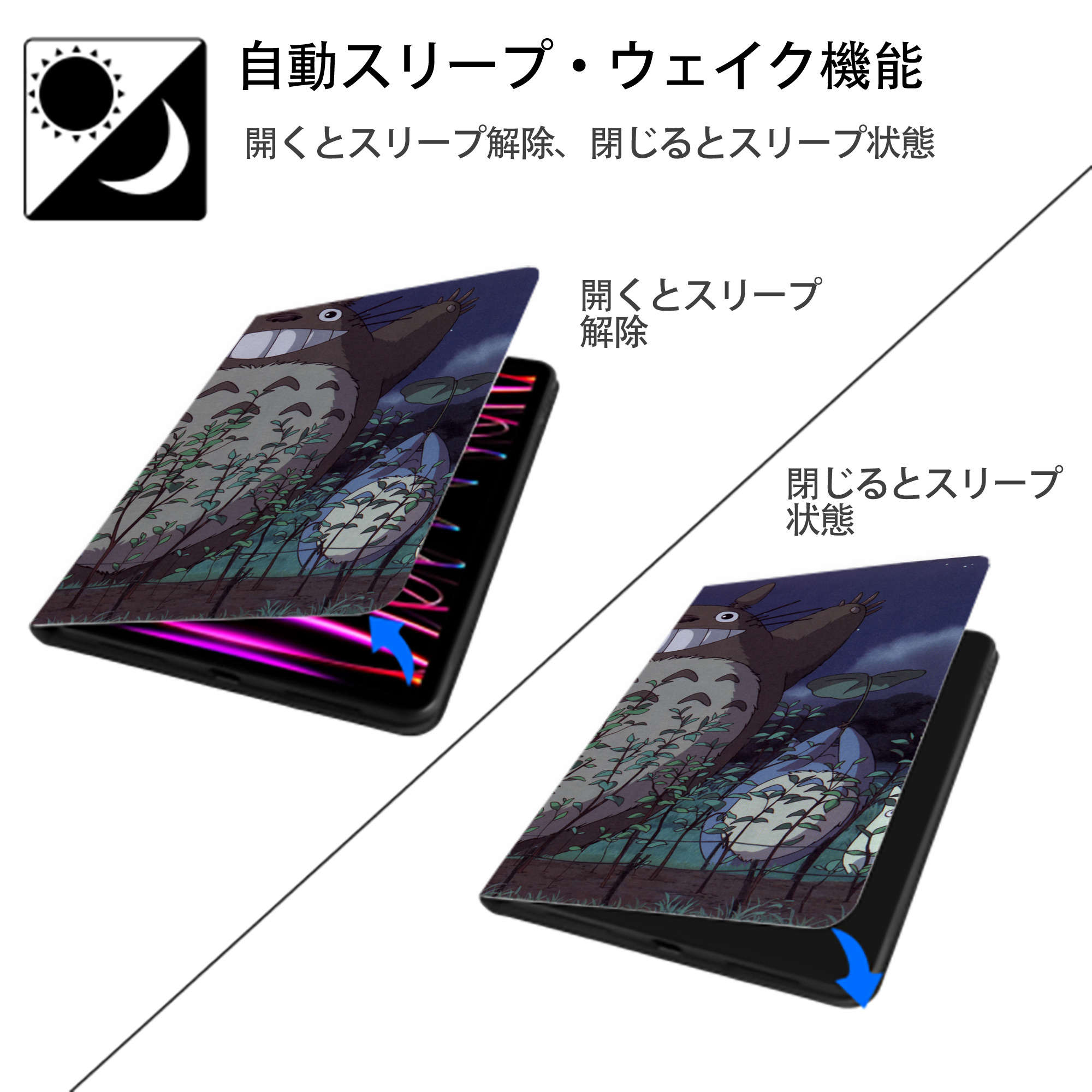 となりのトトロ 草壁メイ 草壁サツキ My Neighbor Totoro Satsuki Kusakabe Mei Kusakabe IPadケース ペンホルダー付き ブックスタイルデザイン
