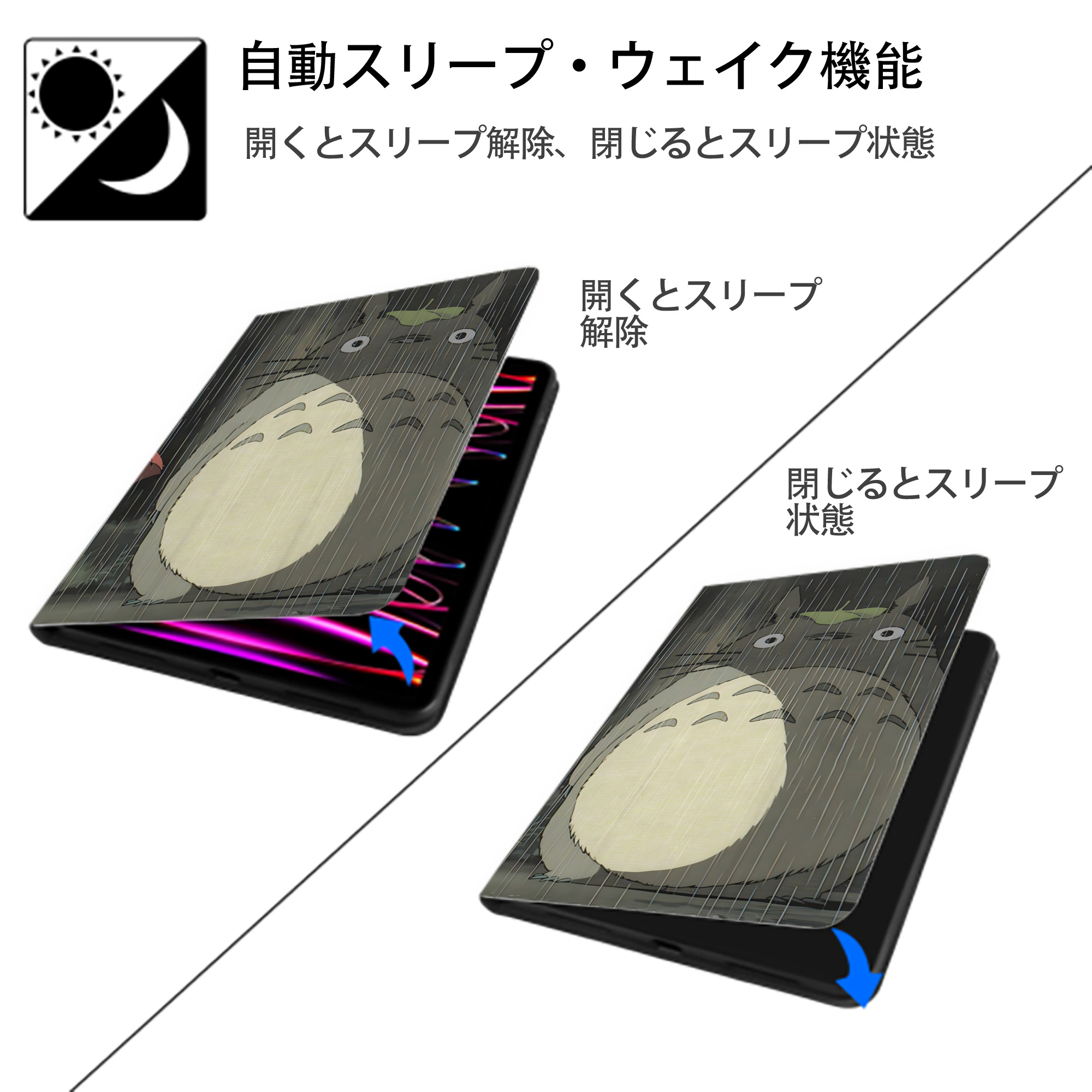 となりのトトロ 草壁メイ 草壁サツキ My Neighbor Totoro Satsuki Kusakabe Mei Kusakabe IPadケース ペンホルダー付き ブックスタイルデザイン