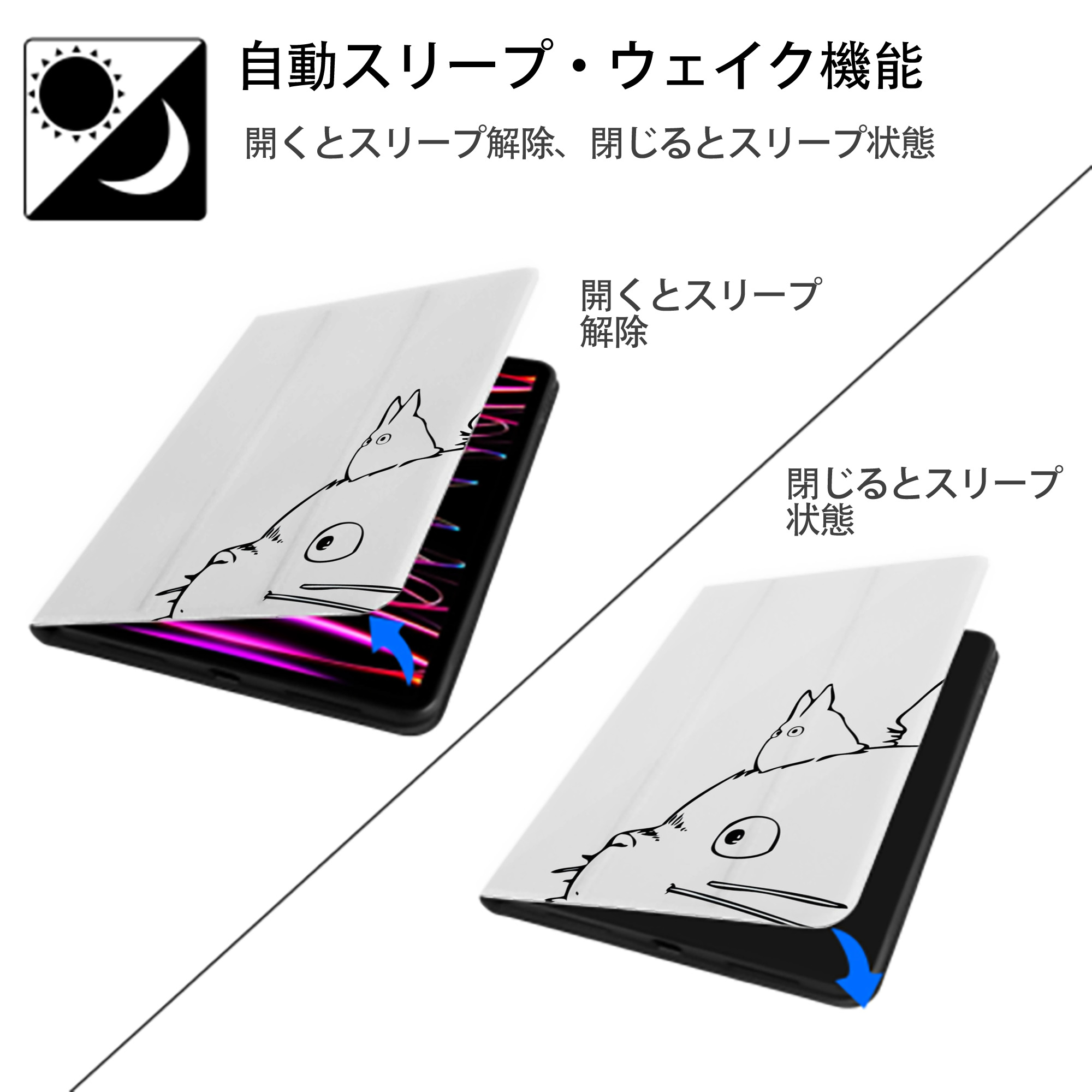 となりのトトロ 草壁メイ 草壁サツキ My Neighbor Totoro Satsuki Kusakabe Mei Kusakabe IPadケース ペンホルダー付き ブックスタイルデザイン