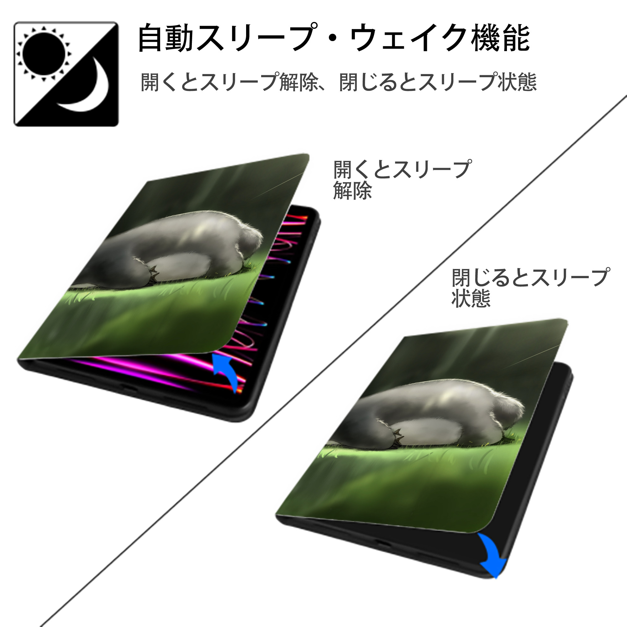 となりのトトロ 草壁メイ 草壁サツキ My Neighbor Totoro Satsuki Kusakabe Mei Kusakabe IPadケース ペンホルダー付き ブックスタイルデザイン
