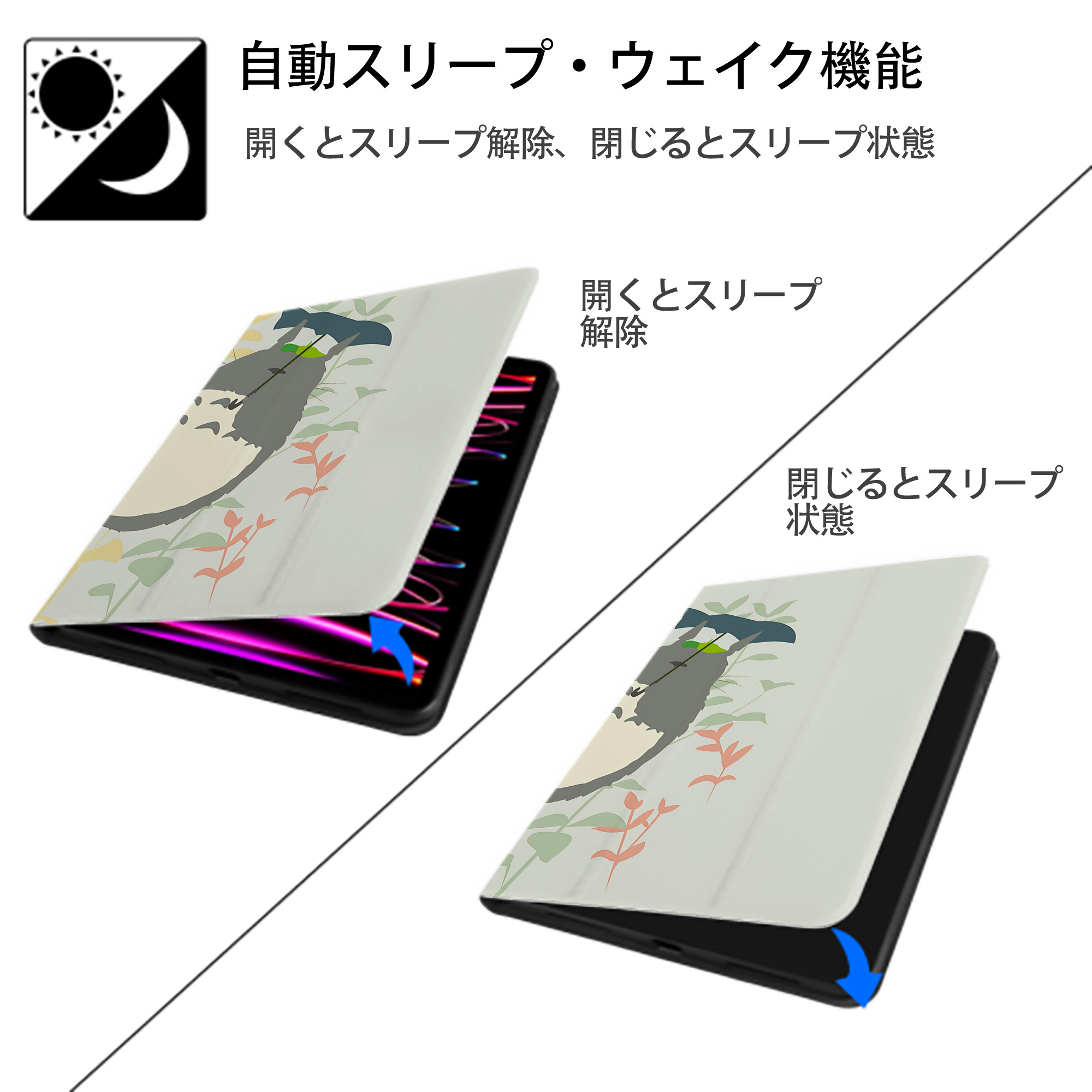となりのトトロ 草壁メイ 草壁サツキ My Neighbor Totoro Satsuki Kusakabe Mei Kusakabe IPadケース ペンホルダー付き ブックスタイルデザイン