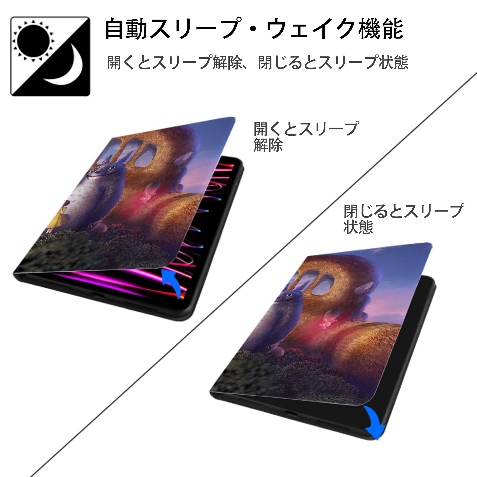 となりのトトロ 草壁メイ 草壁サツキ My Neighbor Totoro Satsuki Kusakabe Mei Kusakabe IPadケース ペンホルダー付き ブックスタイルデザイン