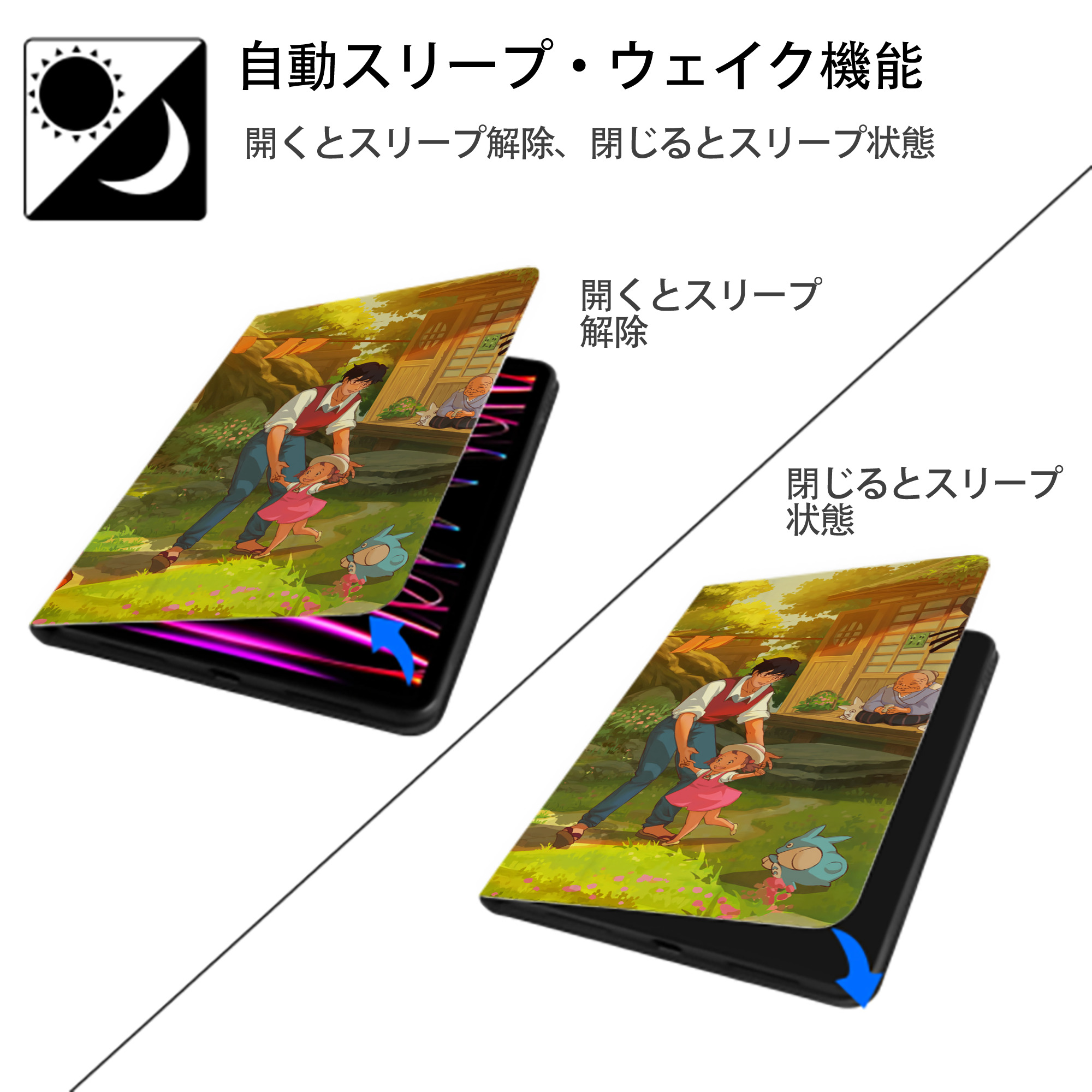 となりのトトロ 草壁メイ 草壁サツキ My Neighbor Totoro Satsuki Kusakabe Mei Kusakabe IPadケース ペンホルダー付き ブックスタイルデザイン