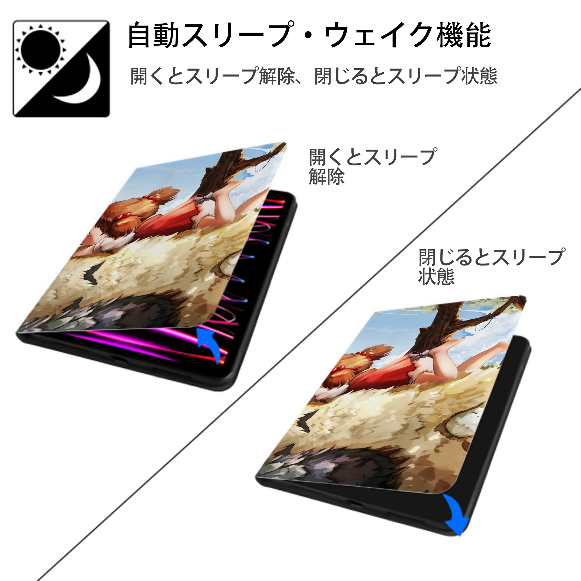 となりのトトロ 草壁メイ 草壁サツキ My Neighbor Totoro Satsuki Kusakabe Mei Kusakabe IPadケース ペンホルダー付き ブックスタイルデザイン