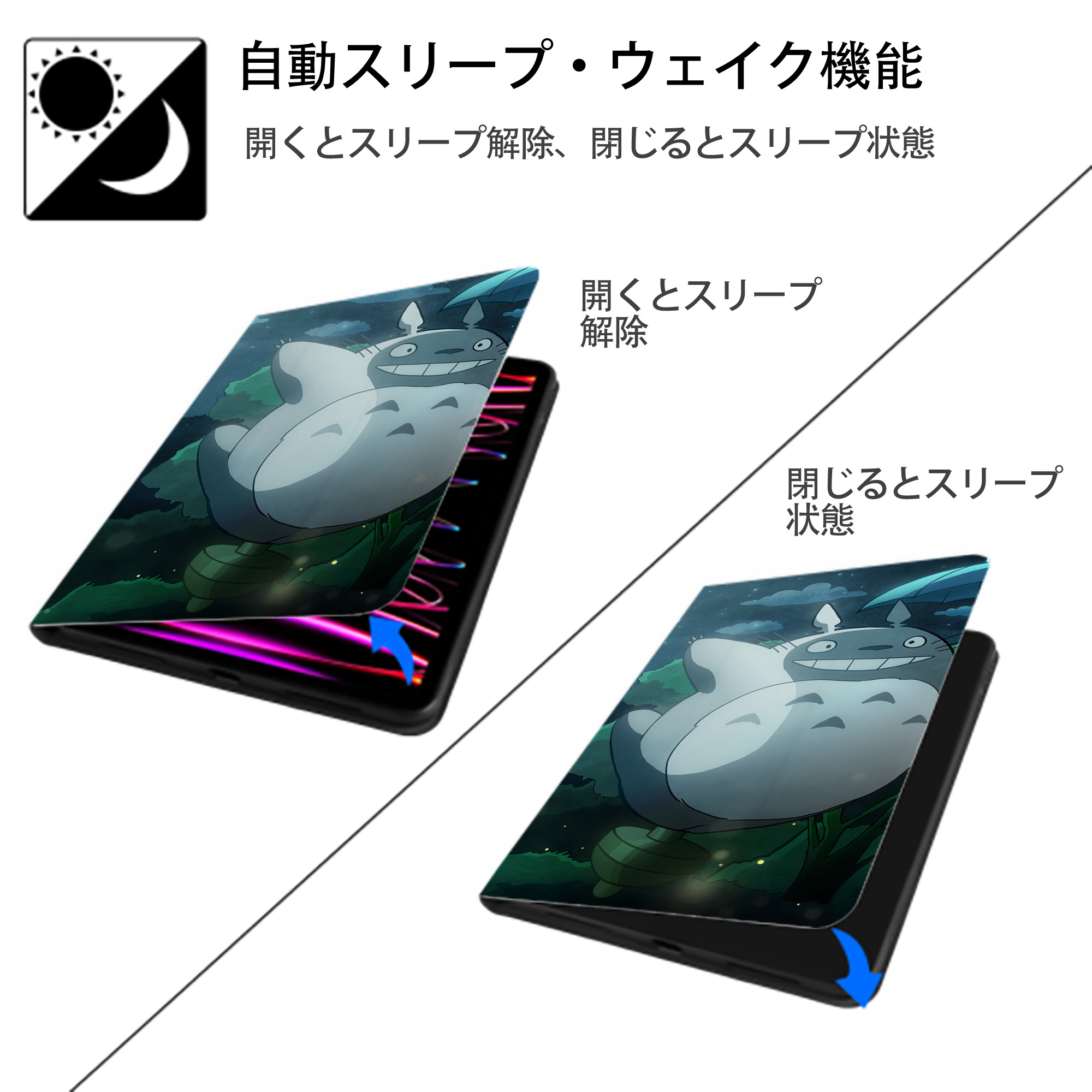 となりのトトロ 草壁メイ 草壁サツキ My Neighbor Totoro Satsuki Kusakabe Mei Kusakabe IPadケース ペンホルダー付き ブックスタイルデザイン