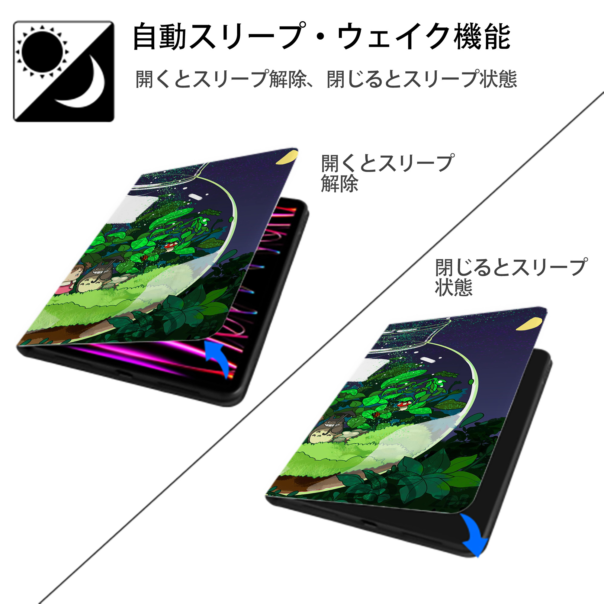 となりのトトロ 草壁メイ 草壁サツキ My Neighbor Totoro Satsuki Kusakabe Mei Kusakabe IPadケース ペンホルダー付き ブックスタイルデザイン