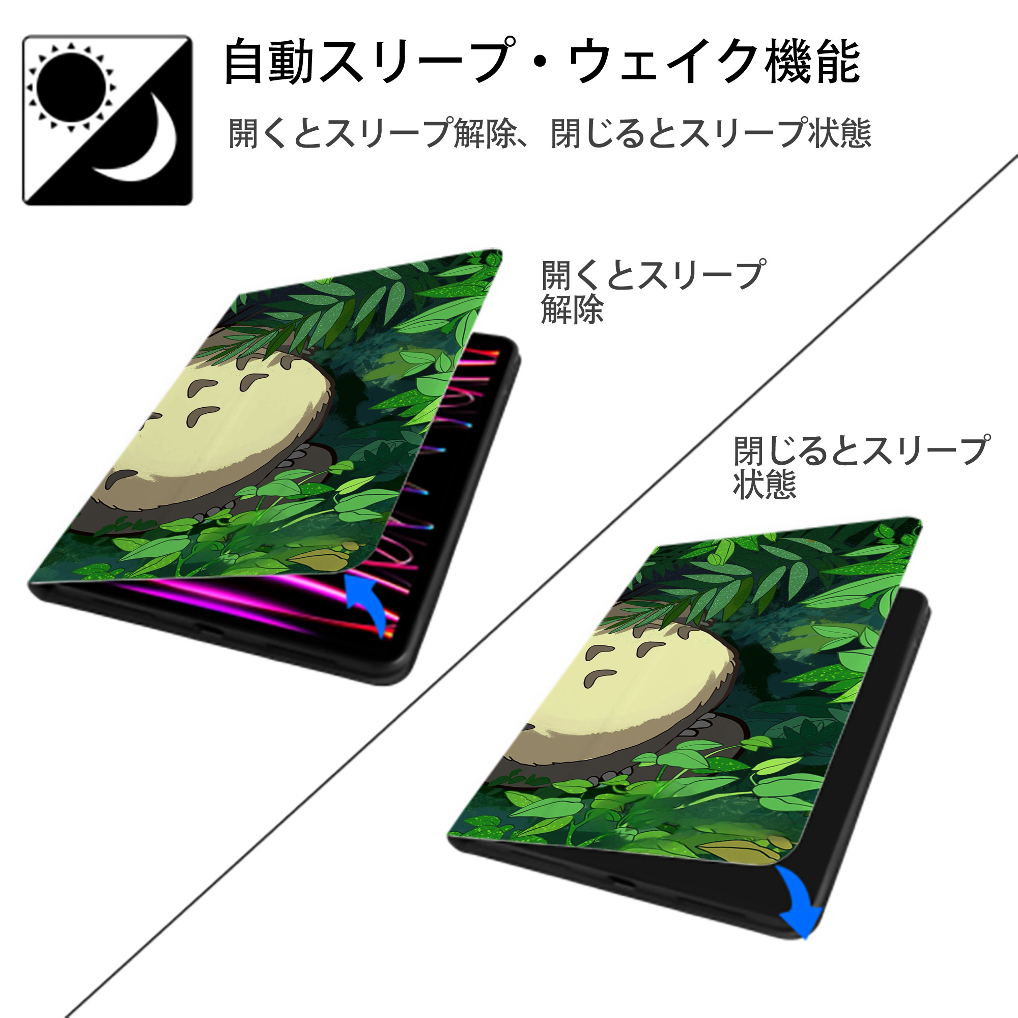 となりのトトロ 草壁メイ 草壁サツキ My Neighbor Totoro Satsuki Kusakabe Mei Kusakabe IPadケース ペンホルダー付き ブックスタイルデザイン