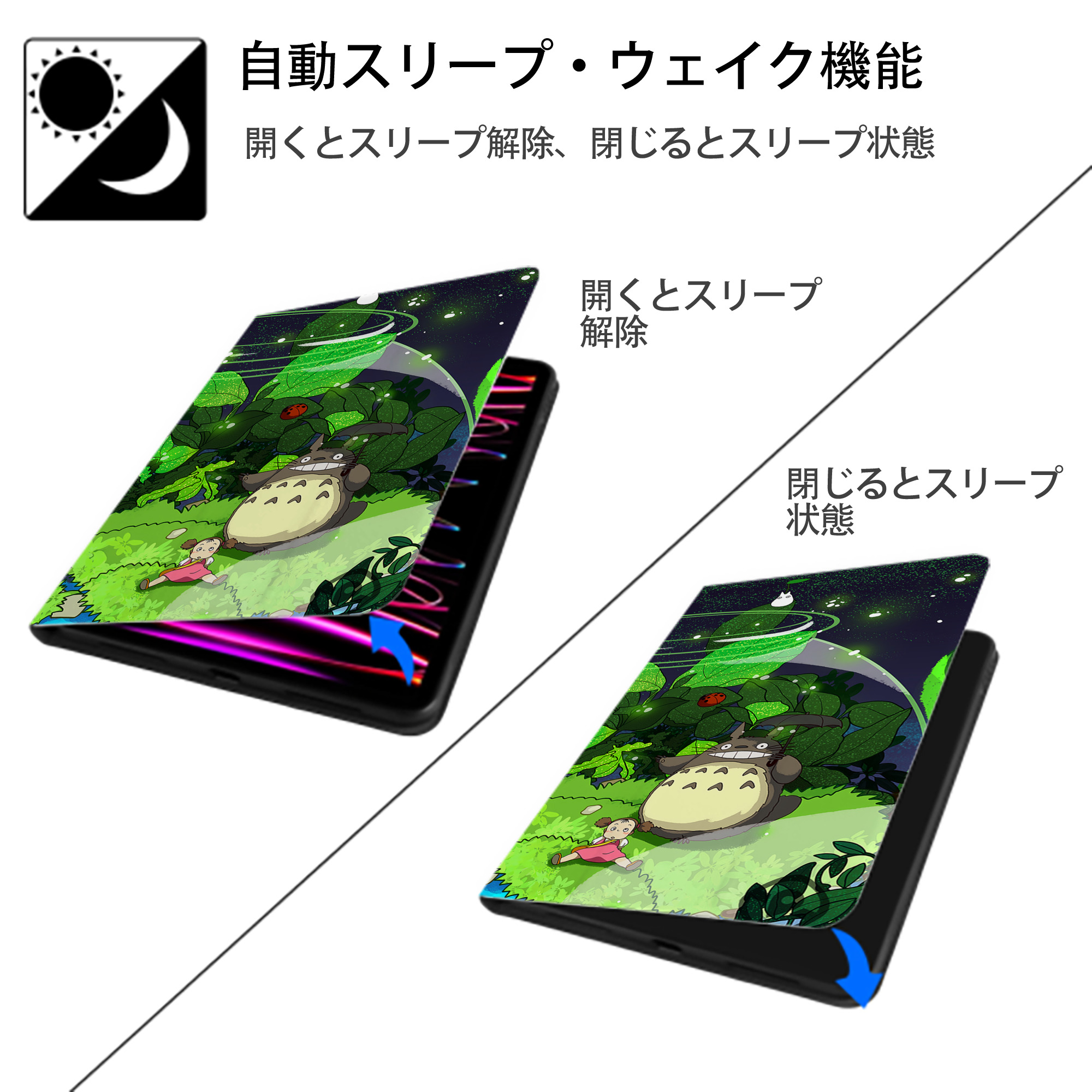となりのトトロ 草壁メイ 草壁サツキ My Neighbor Totoro Satsuki Kusakabe Mei Kusakabe IPadケース ペンホルダー付き ブックスタイルデザイン