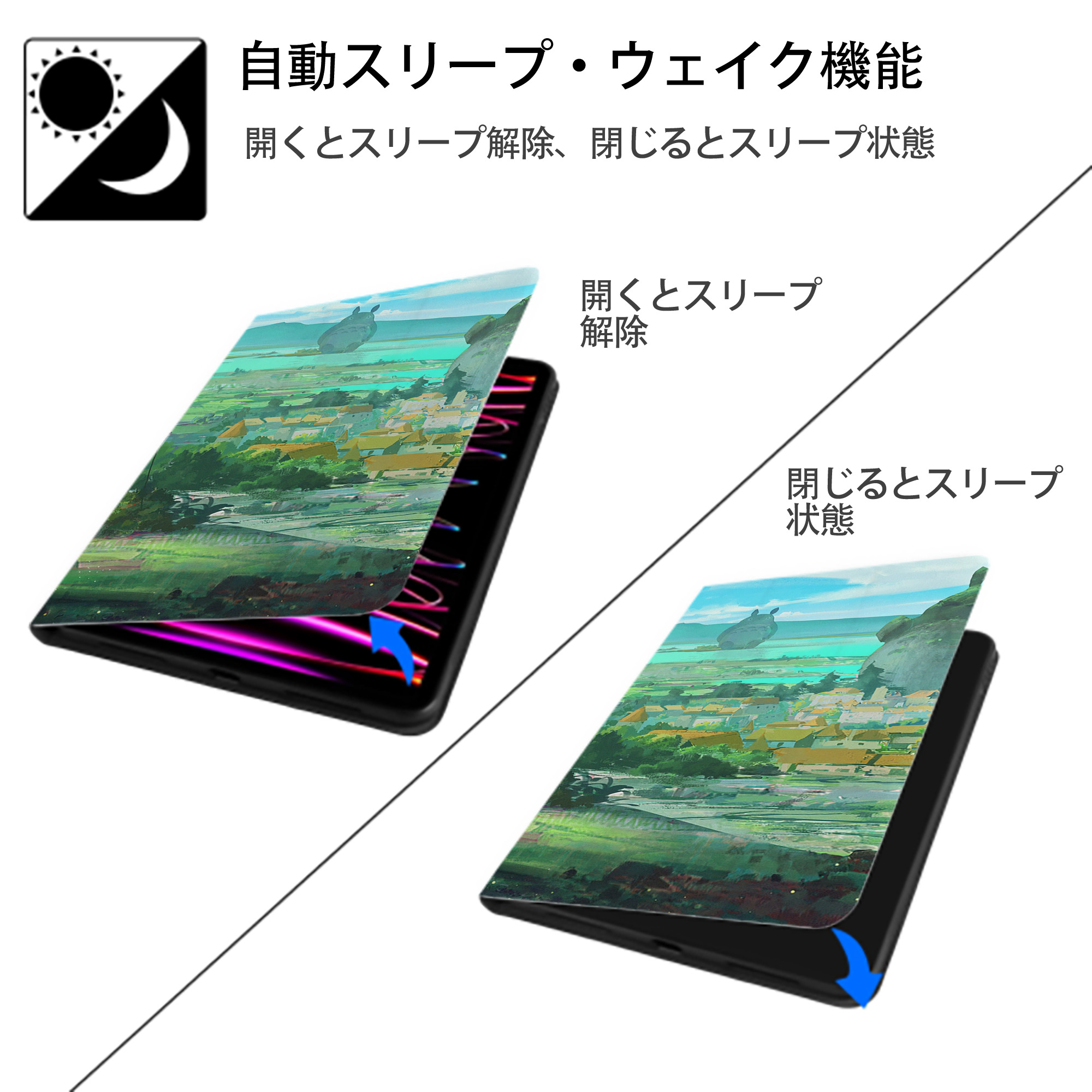 となりのトトロ 草壁メイ 草壁サツキ My Neighbor Totoro Satsuki Kusakabe Mei Kusakabe IPadケース ペンホルダー付き ブックスタイルデザイン