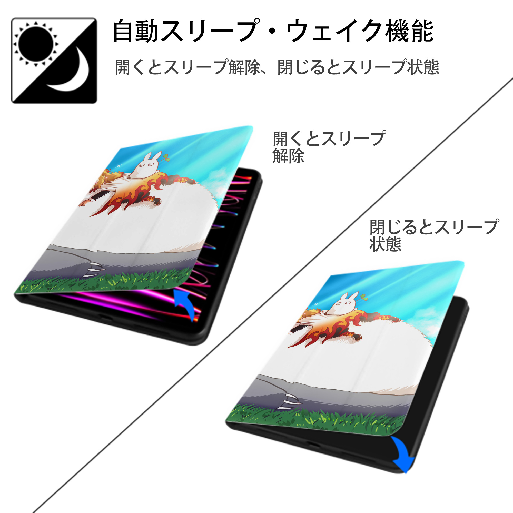 となりのトトロ 草壁メイ 草壁サツキ My Neighbor Totoro Satsuki Kusakabe Mei Kusakabe IPadケース ペンホルダー付き ブックスタイルデザイン