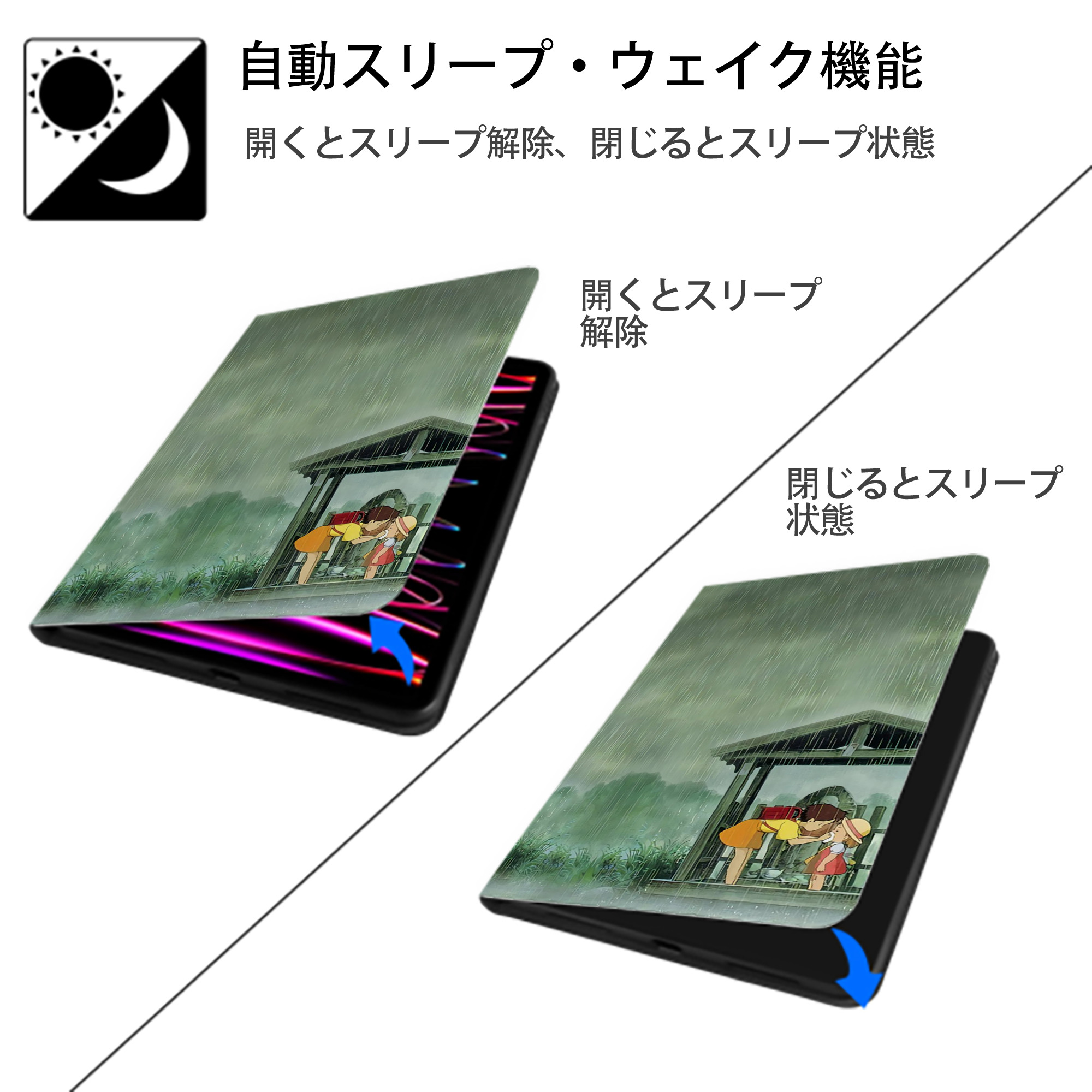 となりのトトロ 草壁メイ 草壁サツキ My Neighbor Totoro Satsuki Kusakabe Mei Kusakabe IPadケース ペンホルダー付き ブックスタイルデザイン