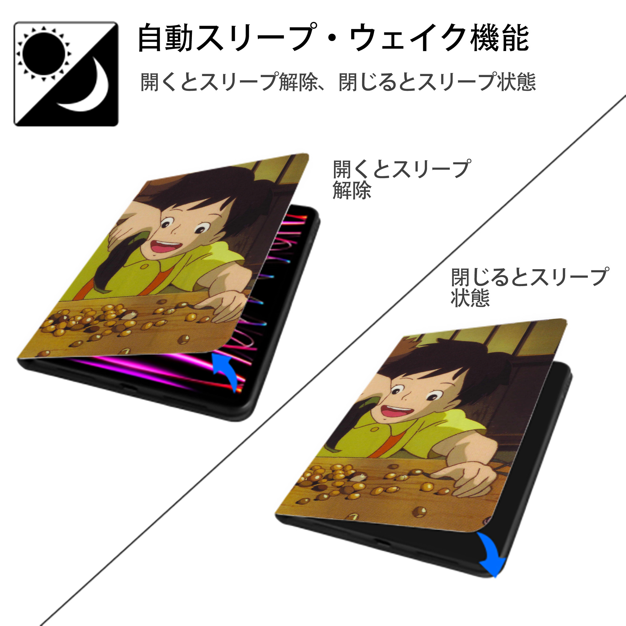 となりのトトロ 草壁メイ 草壁サツキ My Neighbor Totoro Satsuki Kusakabe Mei Kusakabe IPadケース ペンホルダー付き ブックスタイルデザイン