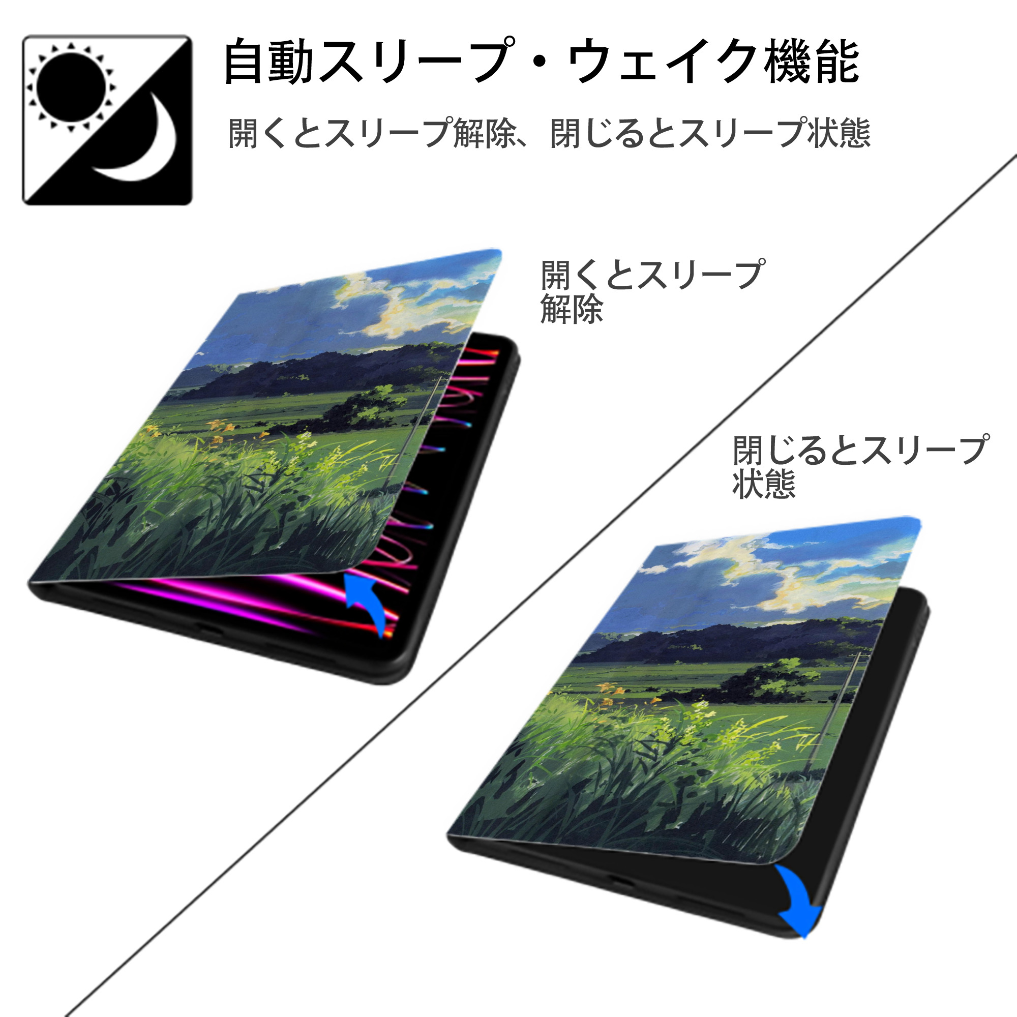 となりのトトロ 草壁メイ 草壁サツキ My Neighbor Totoro Satsuki Kusakabe Mei Kusakabe IPadケース ペンホルダー付き ブックスタイルデザイン