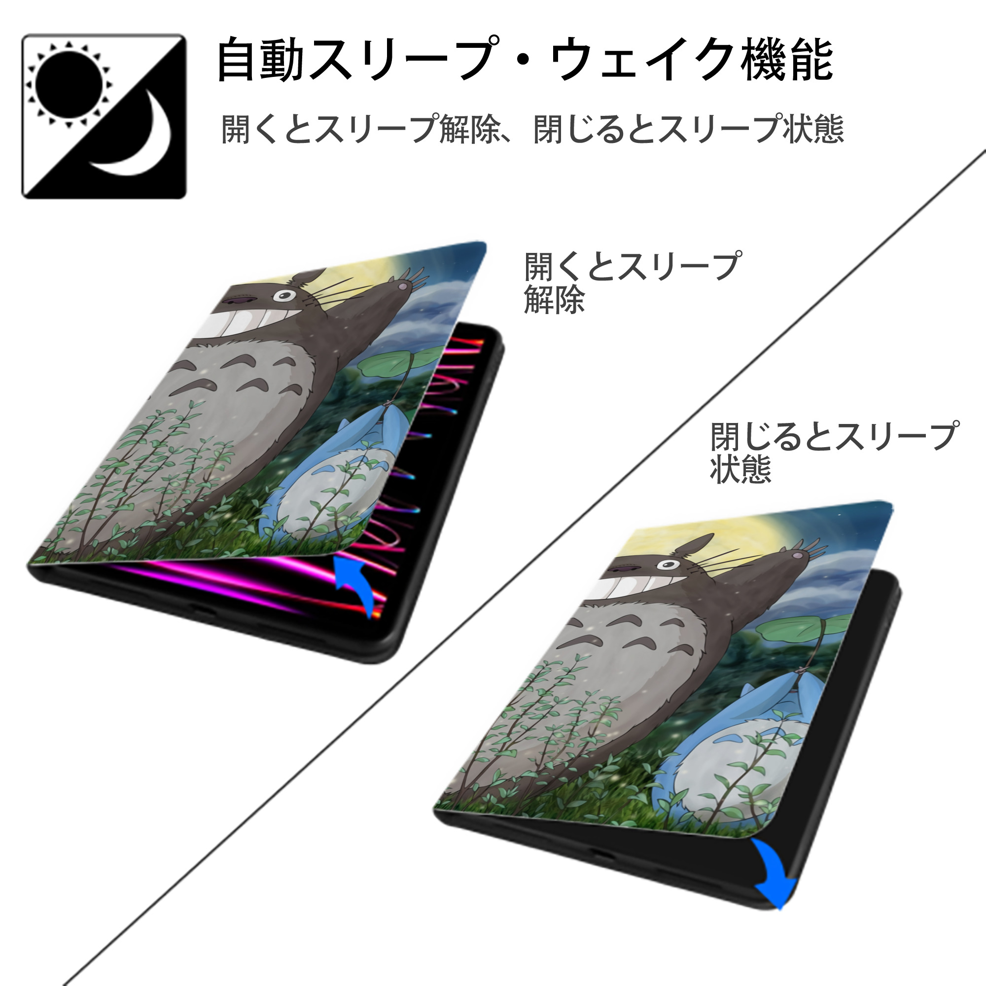 となりのトトロ 草壁メイ 草壁サツキ My Neighbor Totoro Satsuki Kusakabe Mei Kusakabe IPadケース ペンホルダー付き ブックスタイルデザイン