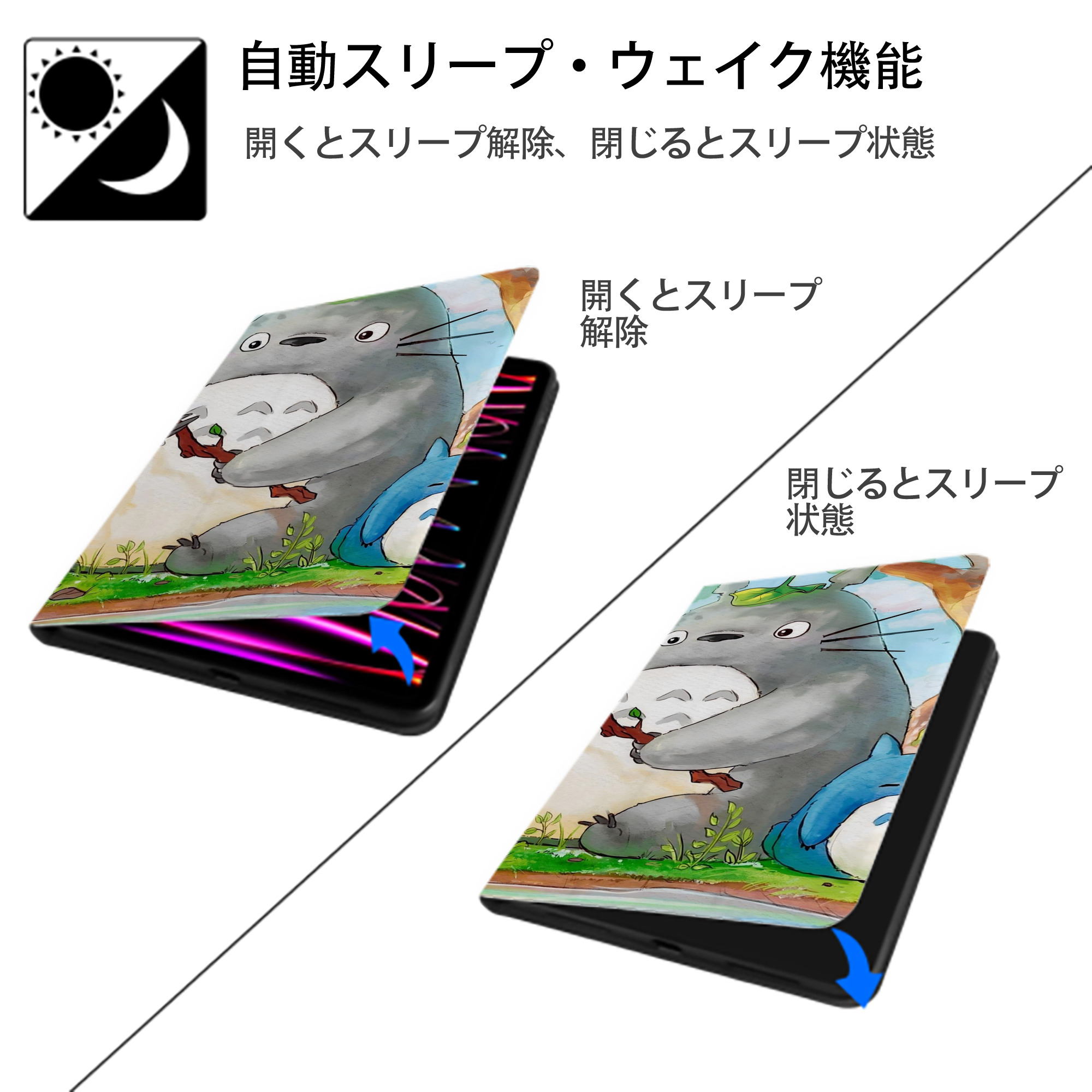 となりのトトロ 草壁メイ 草壁サツキ My Neighbor Totoro Satsuki Kusakabe Mei Kusakabe IPadケース ペンホルダー付き ブックスタイルデザイン