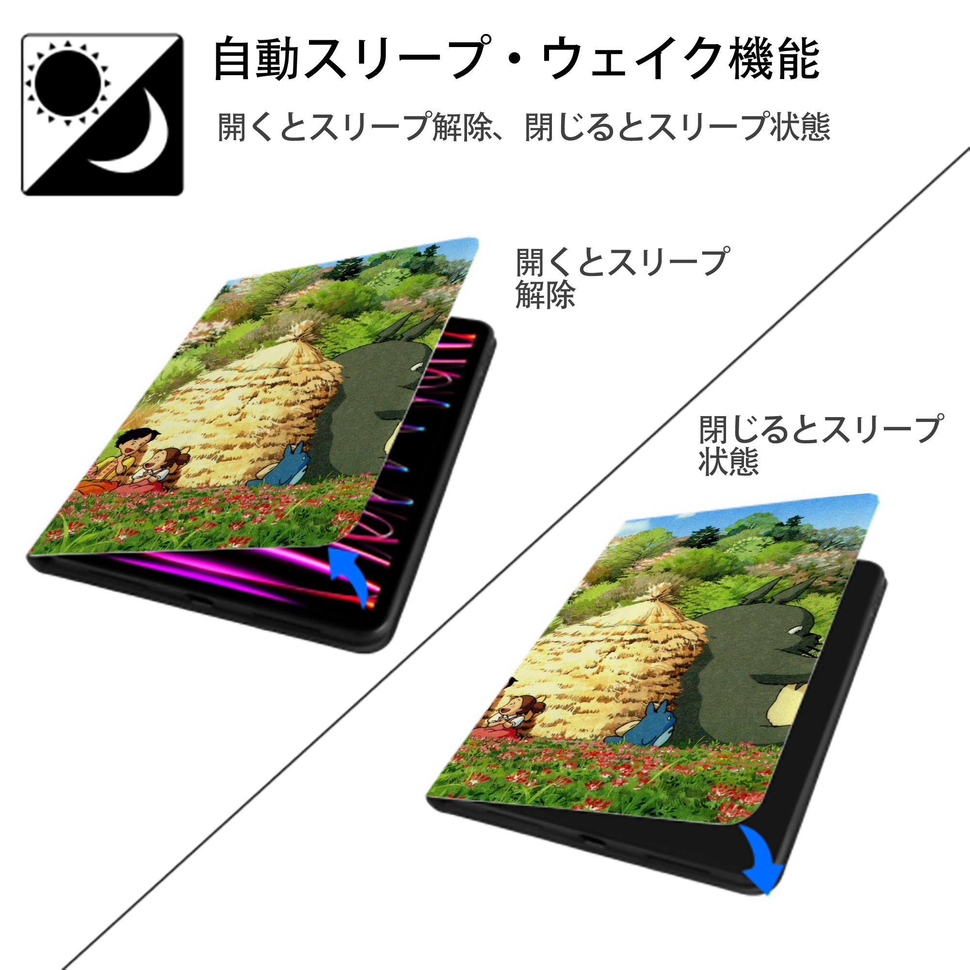 となりのトトロ 草壁メイ 草壁サツキ My Neighbor Totoro Satsuki Kusakabe Mei Kusakabe IPadケース ペンホルダー付き ブックスタイルデザイン
