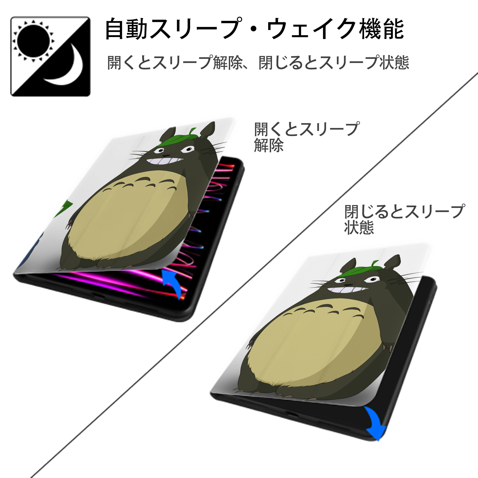 となりのトトロ 草壁メイ 草壁サツキ My Neighbor Totoro Satsuki Kusakabe Mei Kusakabe IPadケース ペンホルダー付き ブックスタイルデザイン