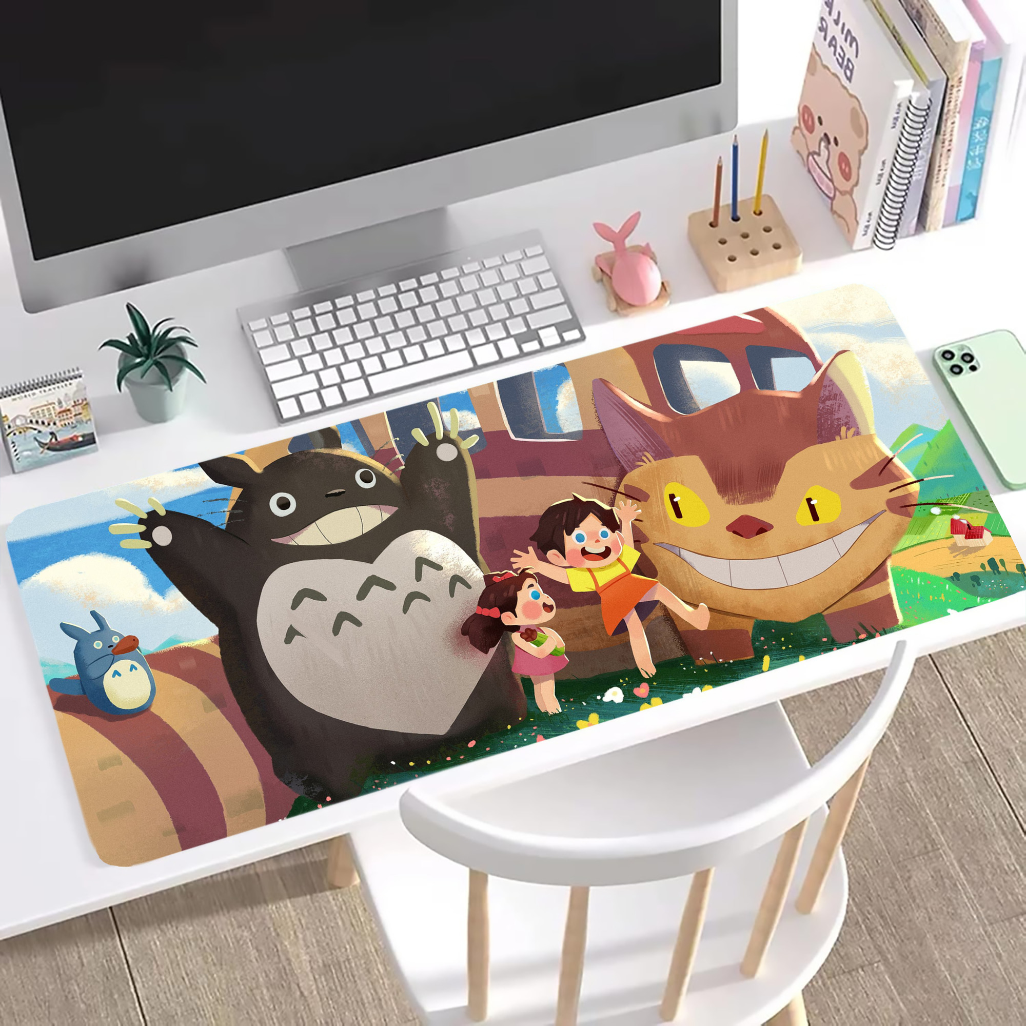 （画像用） となりのトトロ 草壁メイ 草壁サツキ My Neighbor Totoro Satsuki Kusakabe Mei Kusakabe ステッチ加工 大判デスクマット／滑り止めマウスパッド