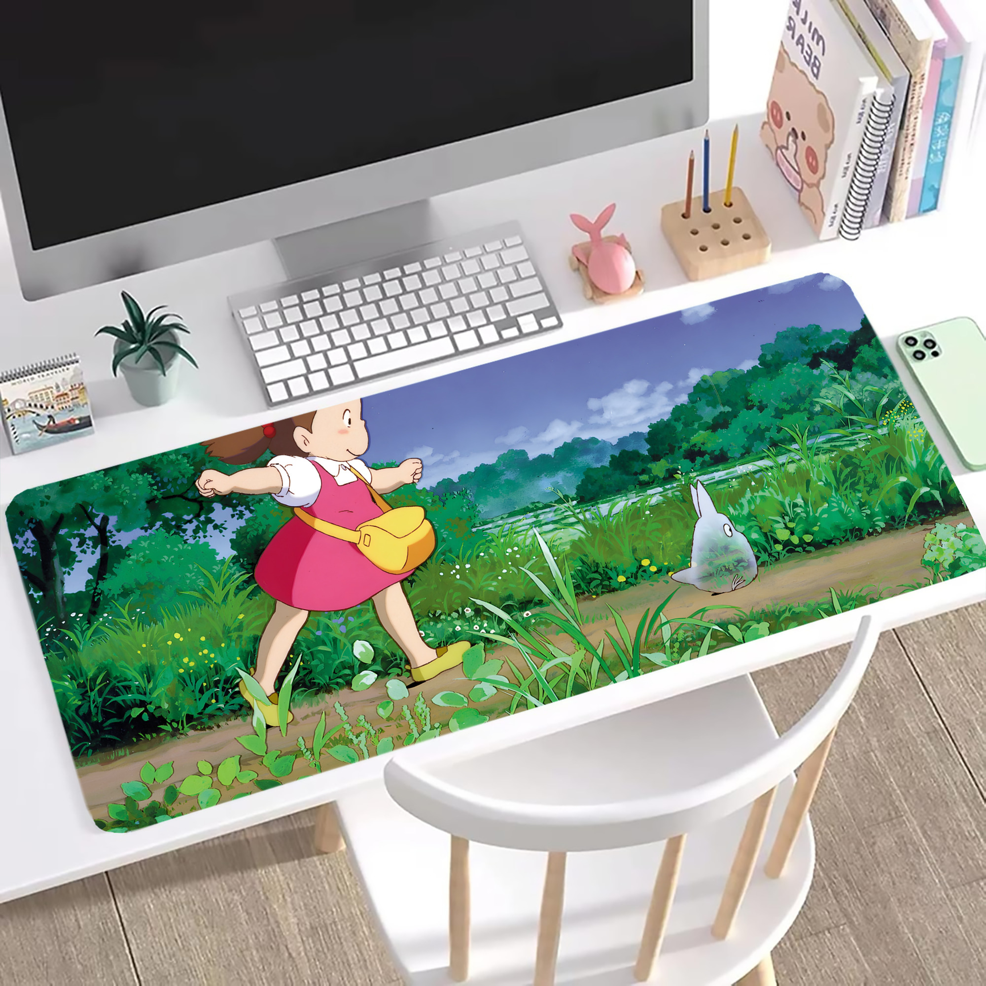 （画像用） となりのトトロ 草壁メイ 草壁サツキ My Neighbor Totoro Satsuki Kusakabe Mei Kusakabe ステッチ加工 大判デスクマット／滑り止めマウスパッド