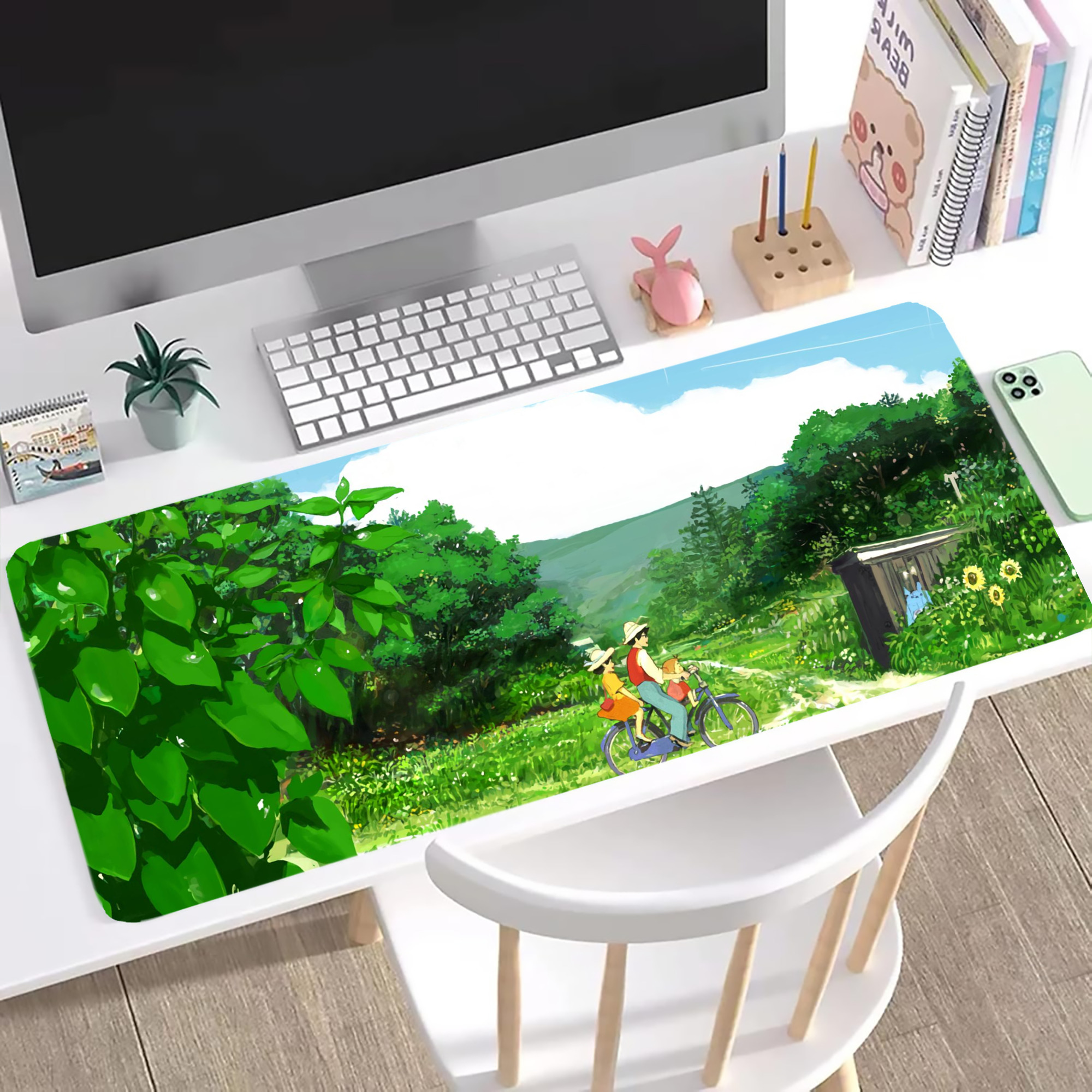（画像用） となりのトトロ 草壁メイ 草壁サツキ My Neighbor Totoro Satsuki Kusakabe Mei Kusakabe ステッチ加工 大判デスクマット／滑り止めマウスパッド