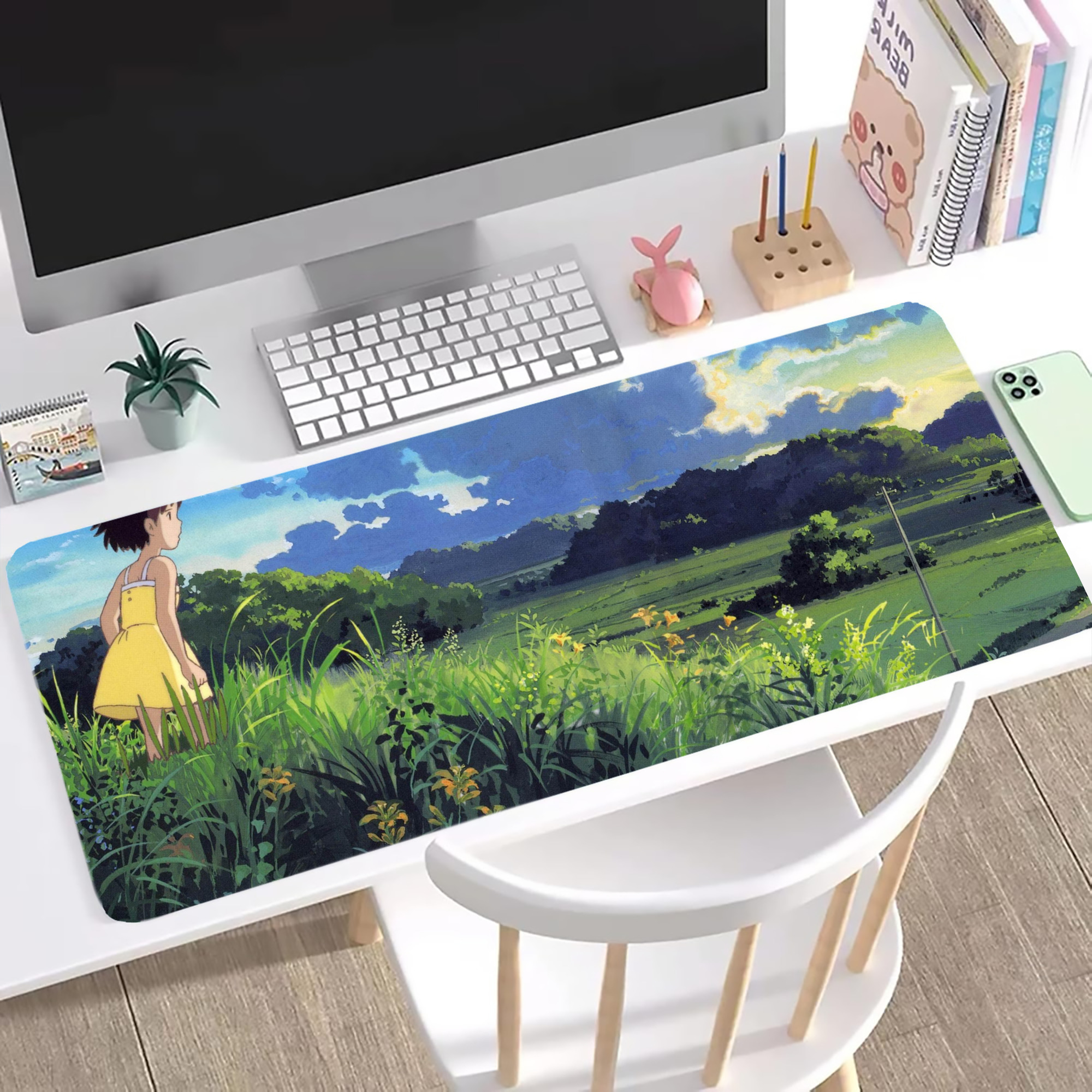 （画像用） となりのトトロ 草壁メイ 草壁サツキ My Neighbor Totoro Satsuki Kusakabe Mei Kusakabe ステッチ加工 大判デスクマット／滑り止めマウスパッド