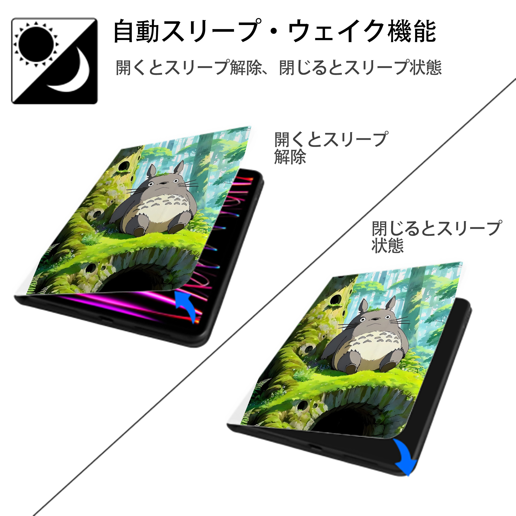 となりのトトロ 草壁メイ 草壁サツキ My Neighbor Totoro Satsuki Kusakabe Mei Kusakabe IPad ケース ペン収納付き 三つ折りスタンド PUレザー×シリコン 対応機種9.5/10.5/10.9インチ