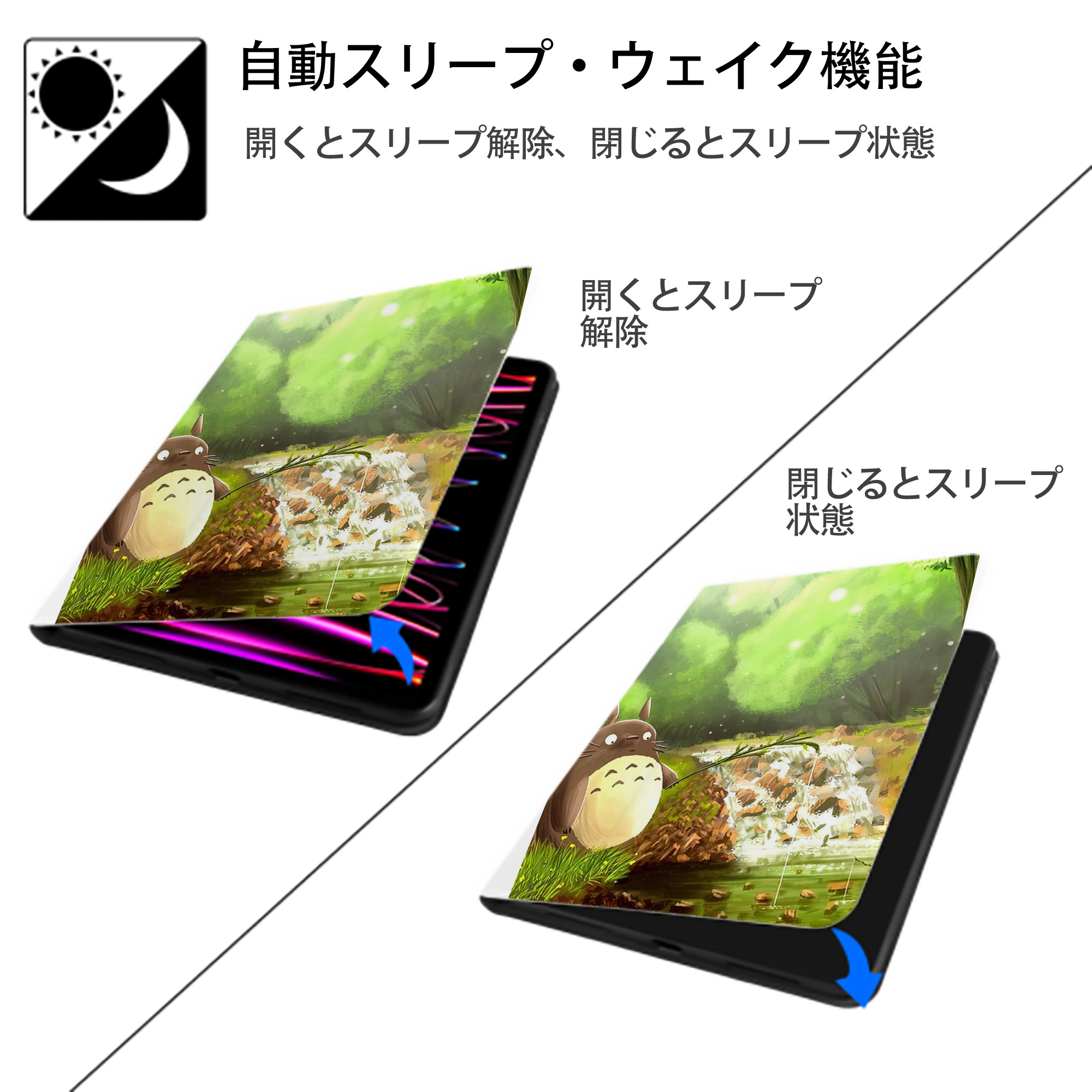となりのトトロ 草壁メイ 草壁サツキ My Neighbor Totoro Satsuki Kusakabe Mei Kusakabe IPad ケース ペン収納付き 三つ折りスタンド PUレザー×シリコン 対応機種9.5/10.5/10.9インチ