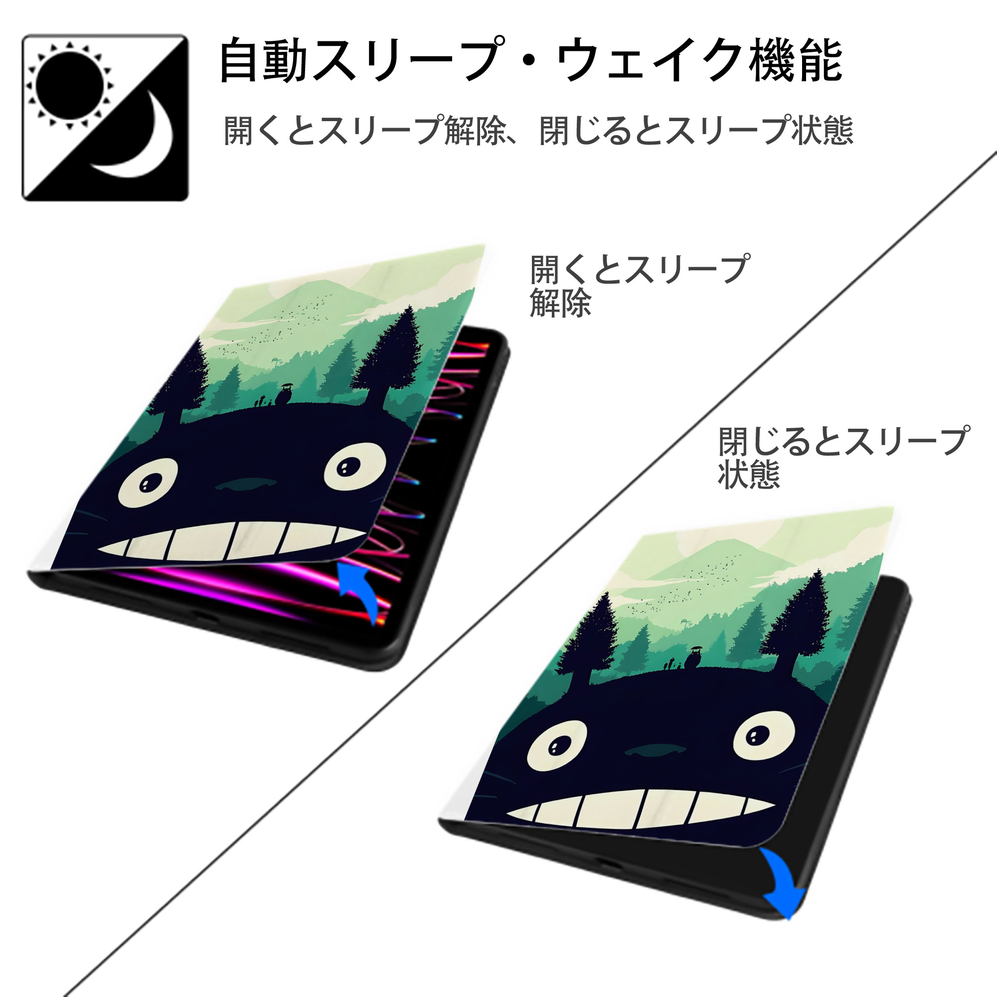 となりのトトロ 草壁メイ 草壁サツキ My Neighbor Totoro Satsuki Kusakabe Mei Kusakabe IPad ケース ペン収納付き 三つ折りスタンド PUレザー×シリコン 対応機種9.5/10.5/10.9インチ