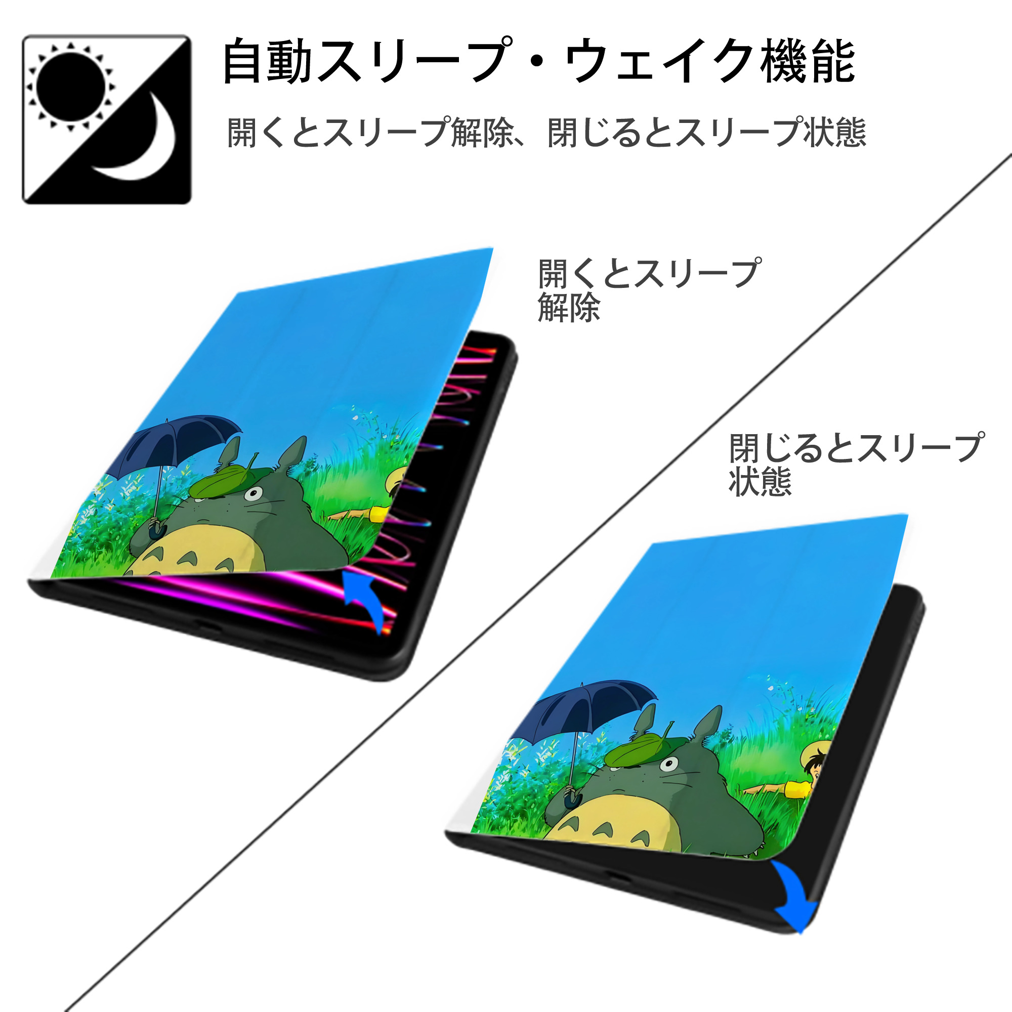 となりのトトロ 草壁メイ 草壁サツキ My Neighbor Totoro Satsuki Kusakabe Mei Kusakabe IPad ケース ペン収納付き 三つ折りスタンド PUレザー×シリコン 対応機種9.5/10.5/10.9インチ
