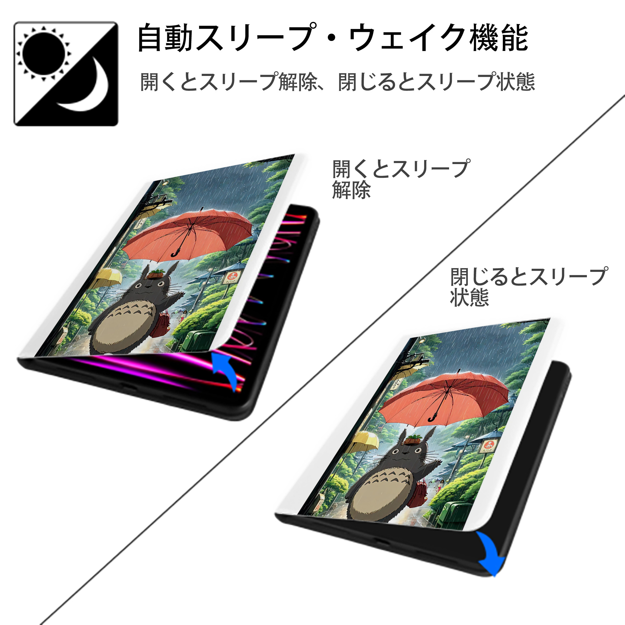 となりのトトロ 草壁メイ 草壁サツキ My Neighbor Totoro Satsuki Kusakabe Mei Kusakabe IPad ケース ペン収納付き 三つ折りスタンド PUレザー×シリコン 対応機種9.5/10.5/10.9インチ